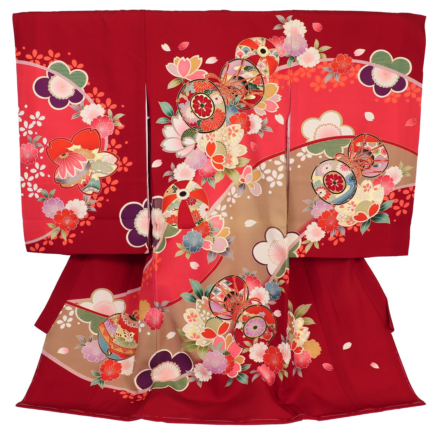 女の子 お宮参り 産着 レンタル6点フルセット 正絹 古典調の鼓に桜散らし 濃い赤色