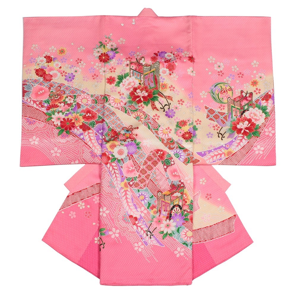 女の子 お宮参り 産着レンタル6点フルセット 正絹 牡丹 桜