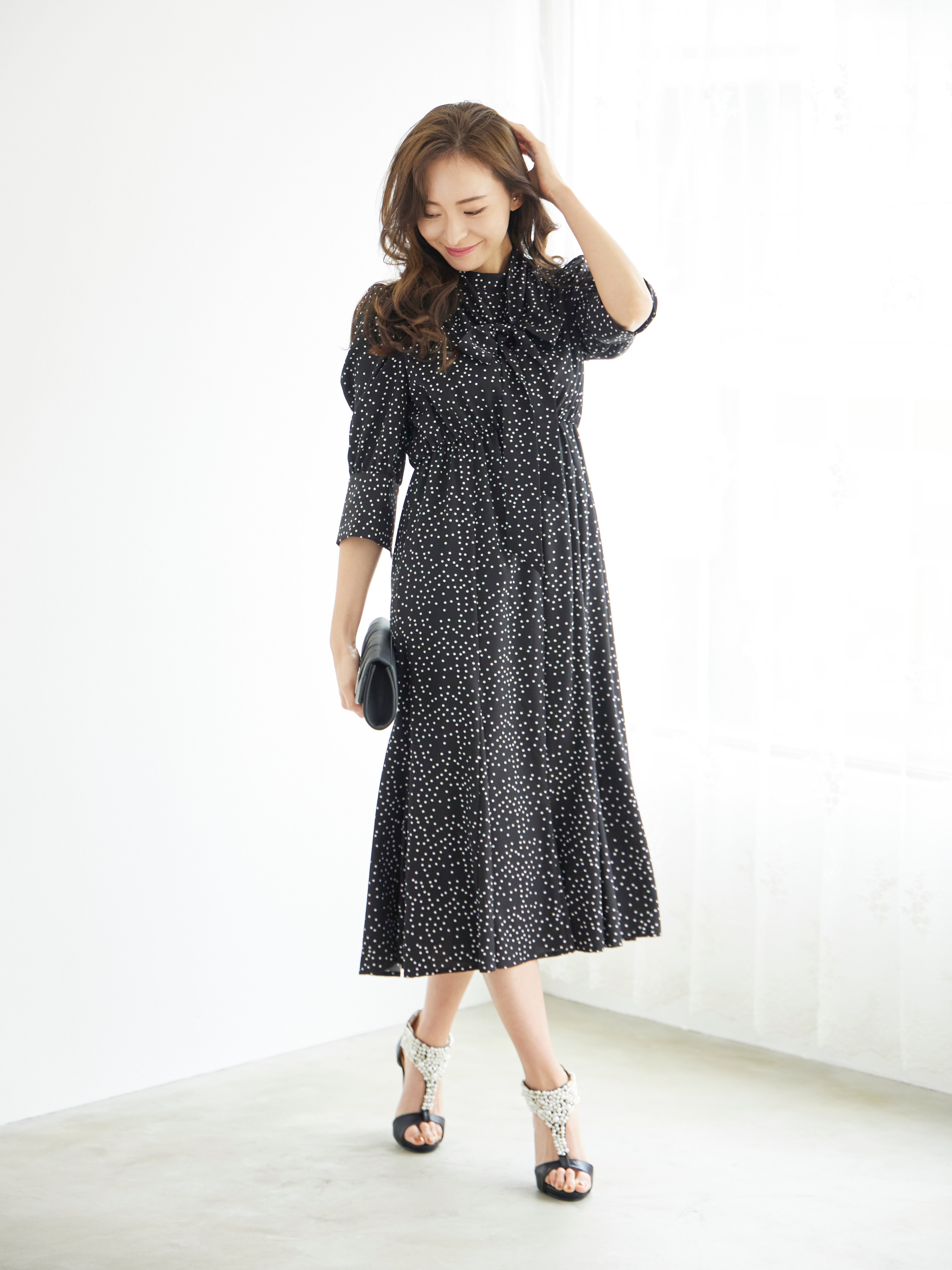 [レンタル] BELINDA DE CAPRIS ギャザースリーブ ドットワンピースドレス ブラックの宅配レンタル - 2