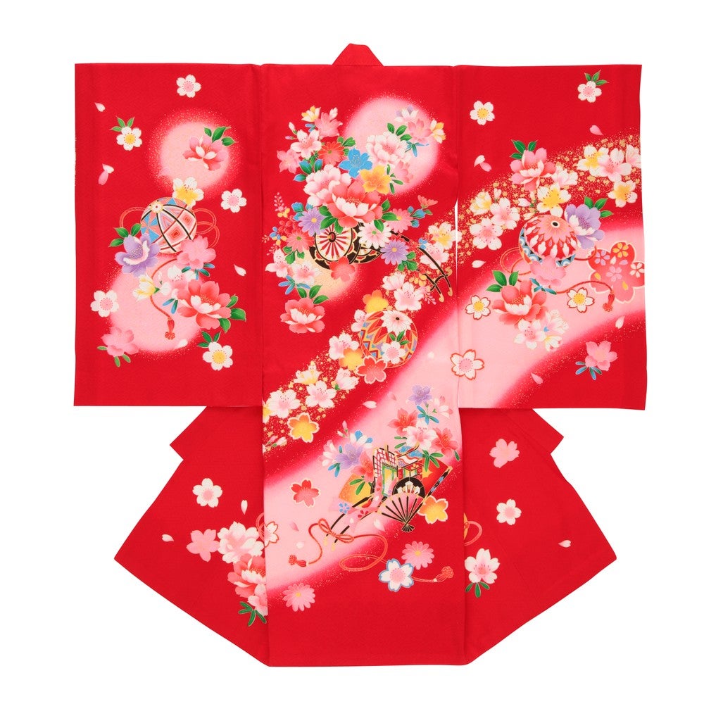 女の子 お宮参り 産着レンタル6点フルセット 正絹 牡丹 鞠B