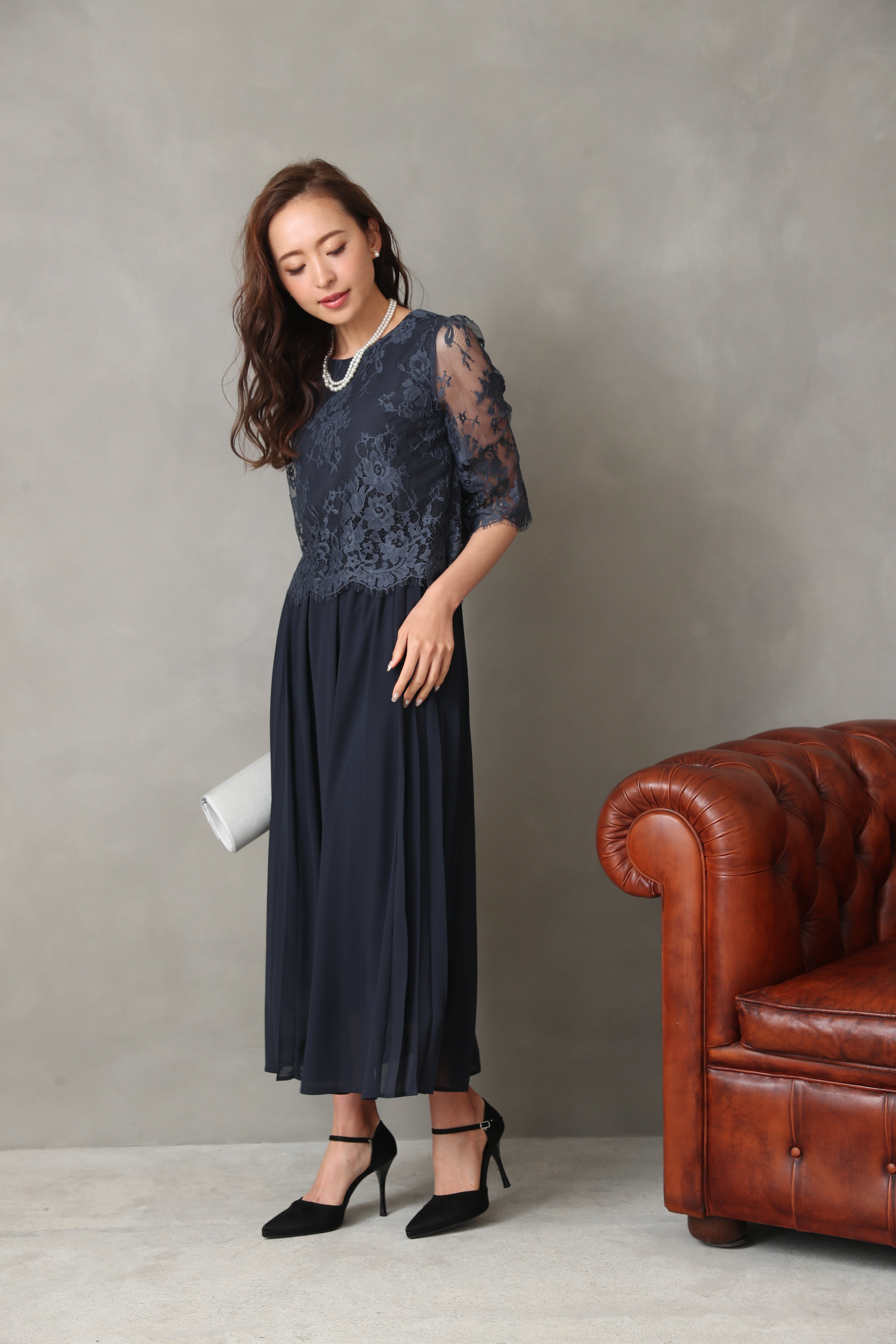 [レンタル] BELINDA DE CAPRIS サイドプリーツ レーススリーブ ワンピースドレス ネイビーの宅配レンタル - 15