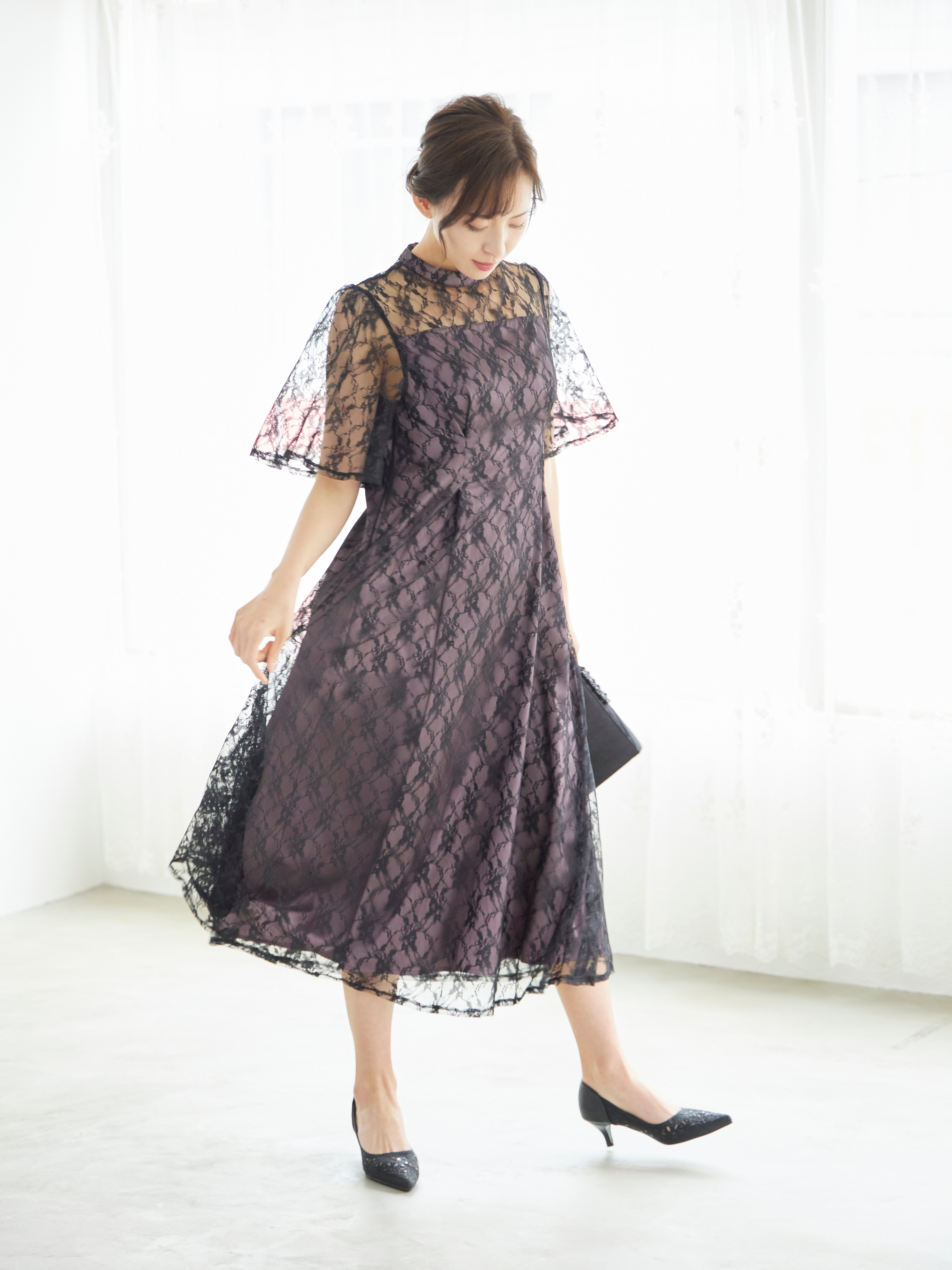 [レンタル] BELINDA DE CAPRIS 総レースフレア袖 ハイネック ワンピースドレス ブラックの宅配レンタル - 4