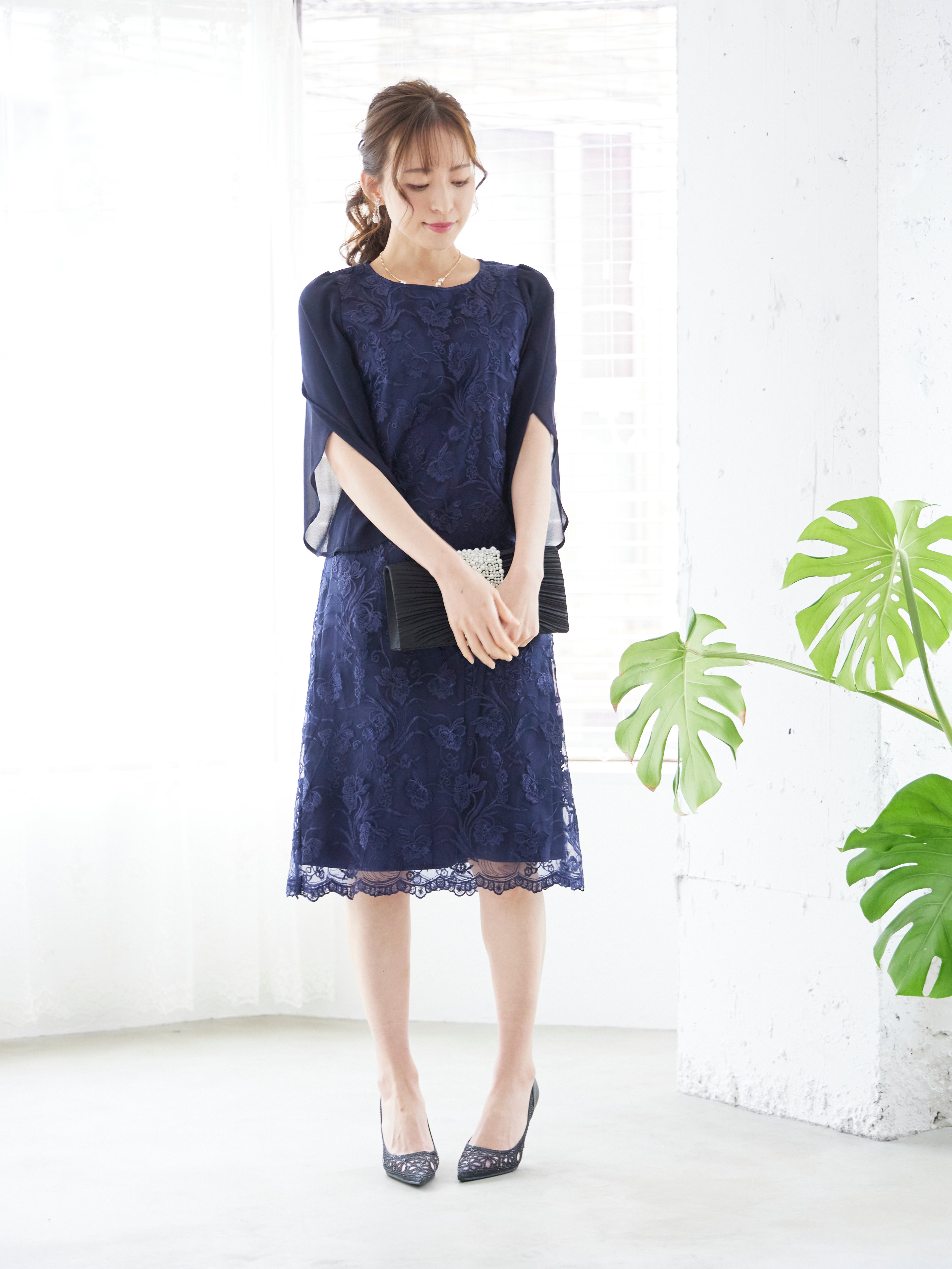 [レンタル] BELINDA DE CAPRIS 刺繍2枚袖 ワンピースドレス ネイビーの宅配レンタル - 2