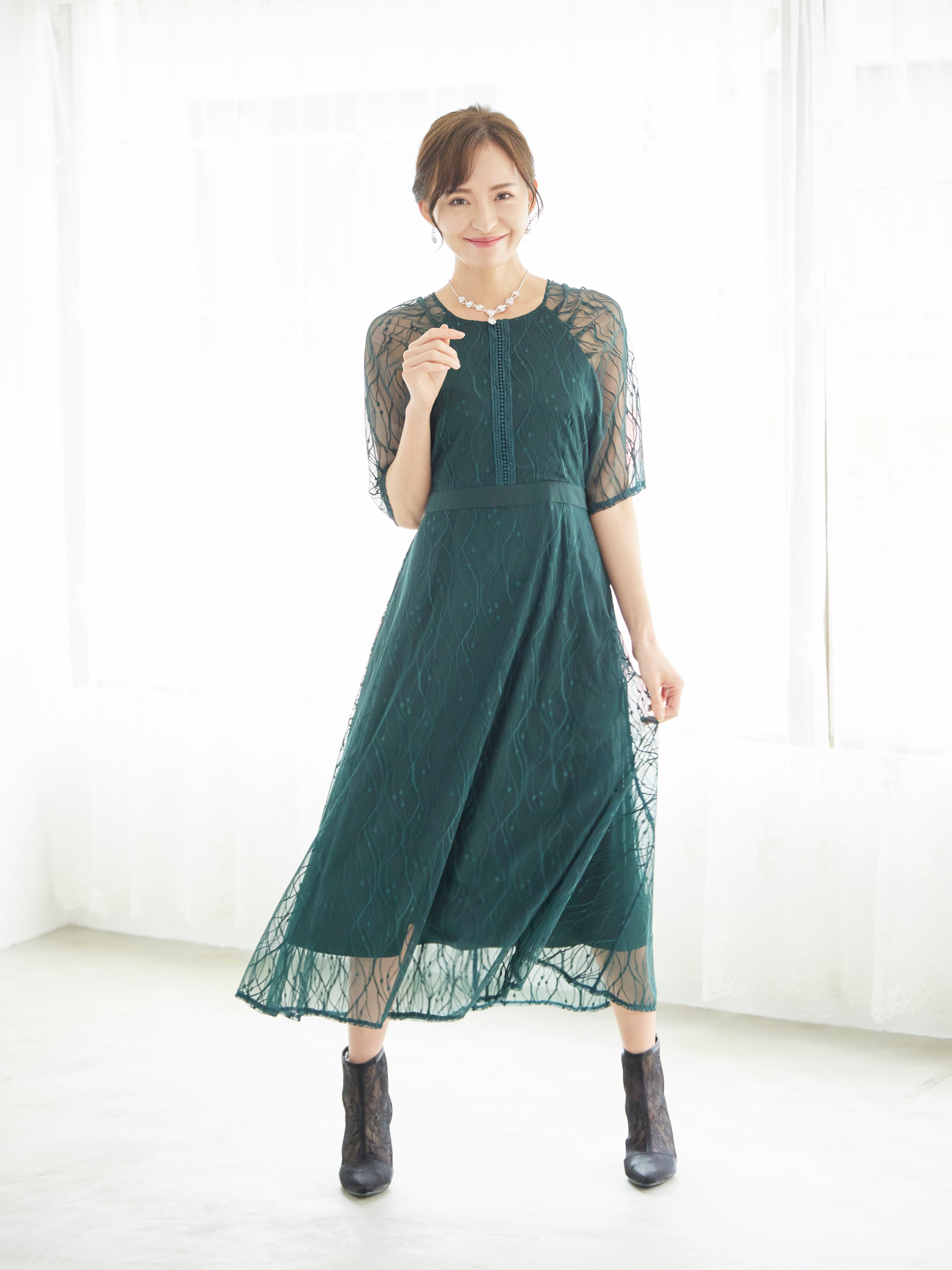 [レンタル] BELINDA DE CAPRIS ラグランスリーブレース ワンピースドレス グリーンの宅配レンタル - 5