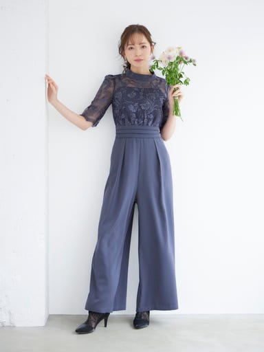 BELINDA DE CAPRIS 刺繍レース オールインワン パンツドレス グレー Lサイズ