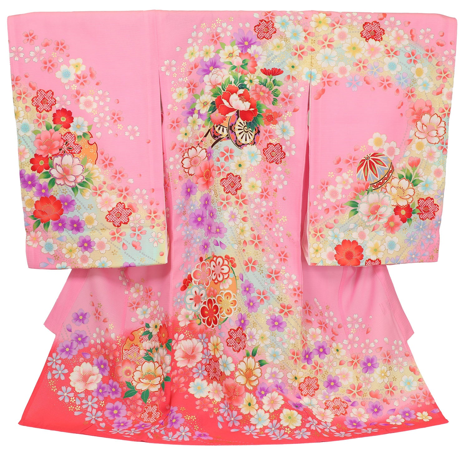 [レンタル] 女の子 お宮参り 産着 絽（夏用） レンタル6点フルセット 正絹 花車に桜散らし ピンク色ぼかし