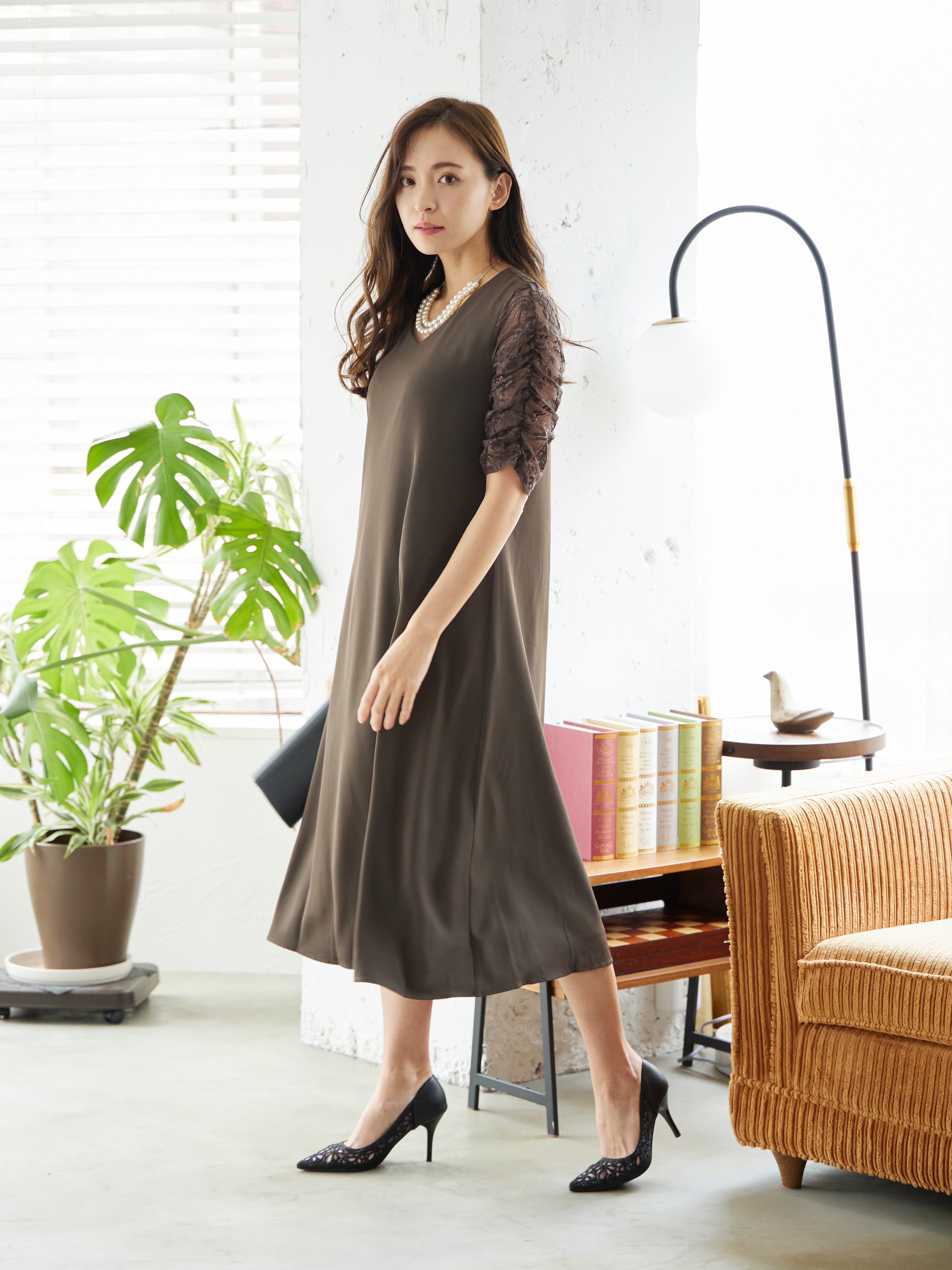 [レンタル] BELINDA DE CAPRIS Vネックギャザースリープ ワンピースドレス ブラウンの宅配レンタル - 10