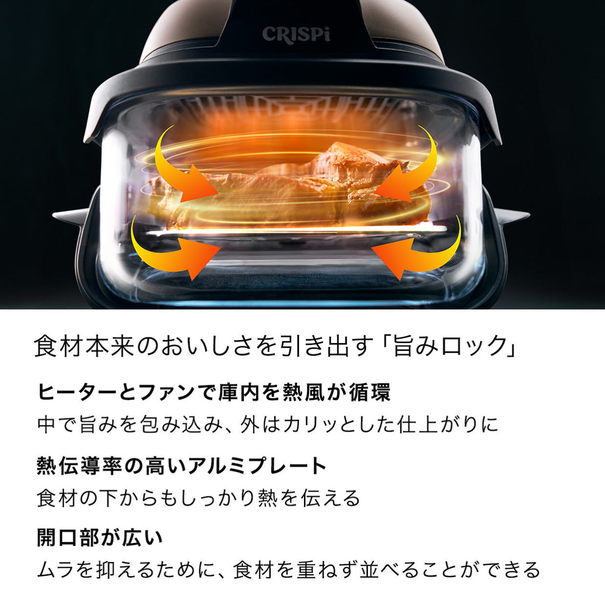 シャーク (Shark) Ninja Crispi テーブルクッカー FN100J ノンフライヤー 旨みロックの仕組み（熱風循環）図解 - 4