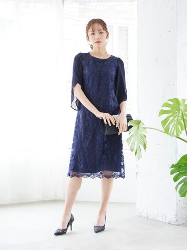 BELINDA DE CAPRIS 刺繍2枚袖 ワンピースドレス ネイビー Mサイズ