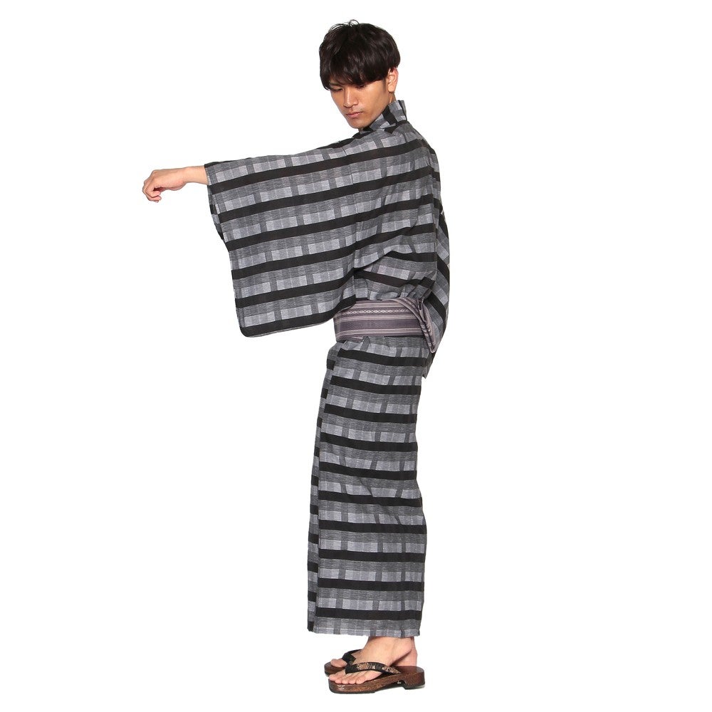 [レンタル] メンズ浴衣 フルセット 格子柄 身長目安170cm・175cm・180cm ブラック LLサイズ