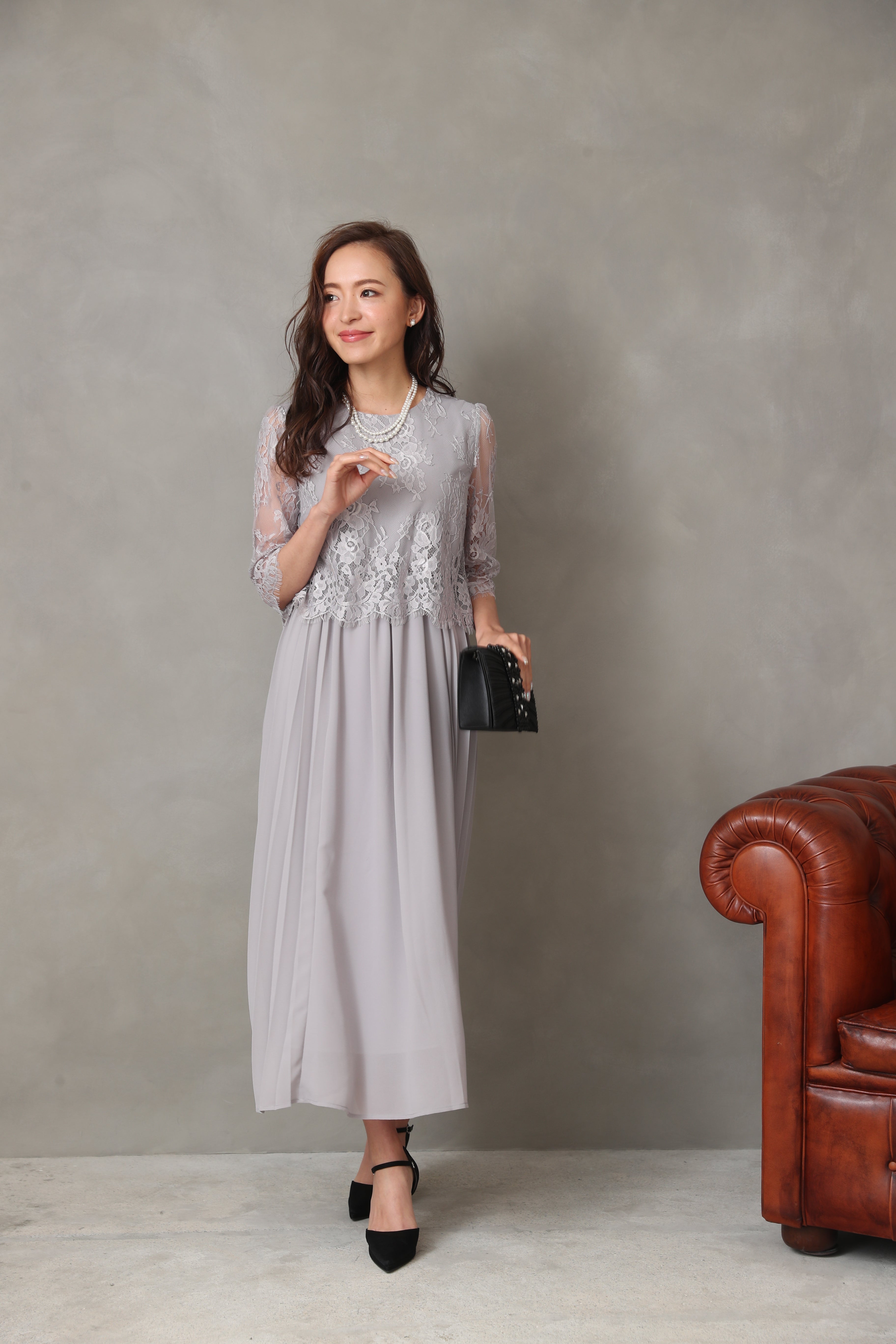 [レンタル] BELINDA DE CAPRIS サイドプリーツ レーススリーブ ワンピースドレス グレーの宅配レンタル - 5