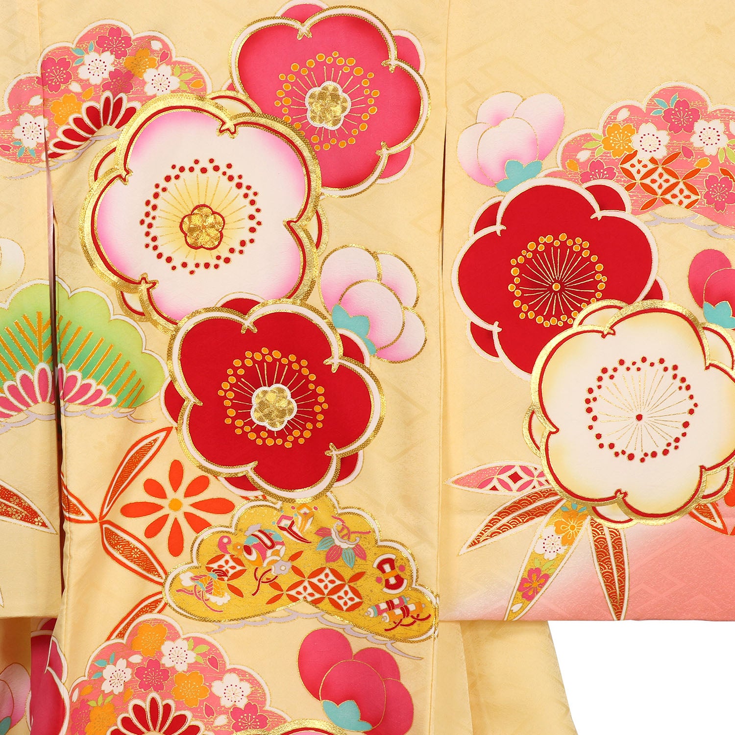 [レンタル] 女の子 お宮参り 産着 レンタル6点フルセット 正絹 金駒刺繍の吉祥梅 クリーム色の宅配レンタル - 3