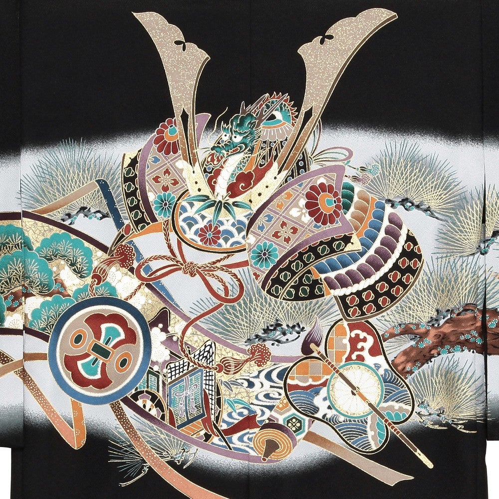 [レンタル] 七五三/節句 袴セット 3歳男の子 金色 雄々しい龍 ブラック