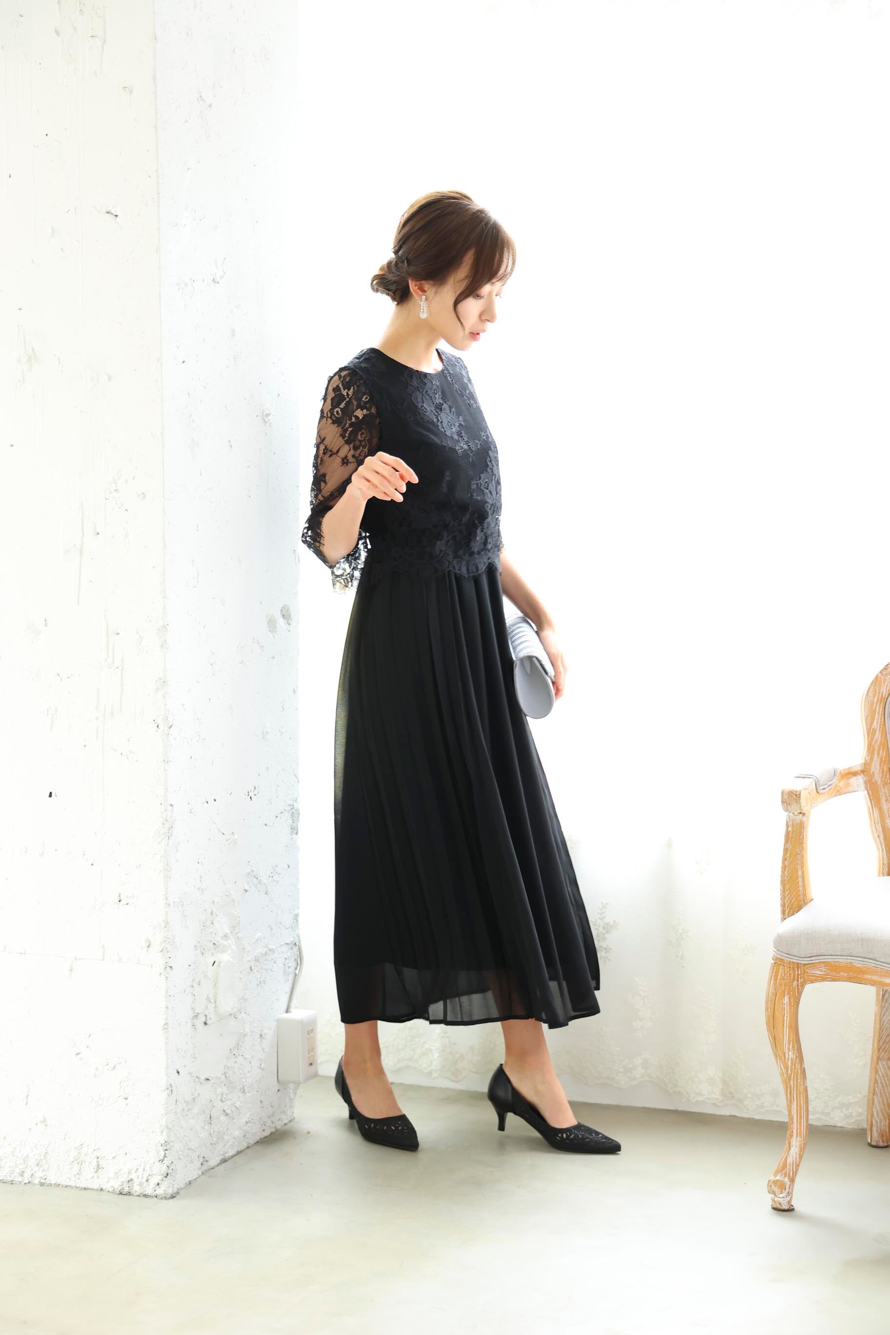 [レンタル] BELINDA DE CAPRIS サイドプリーツ レーススリーブ ワンピースドレス ブラックの宅配レンタル - 3