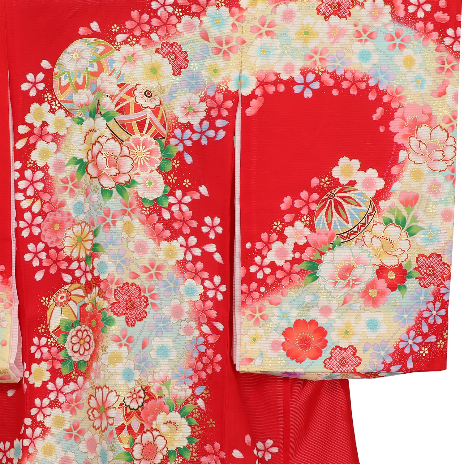 [レンタル] 女の子 お宮参り 産着 絽（夏用） レンタル6点フルセット 正絹 鞠と花模様 赤色の宅配レンタル - 3