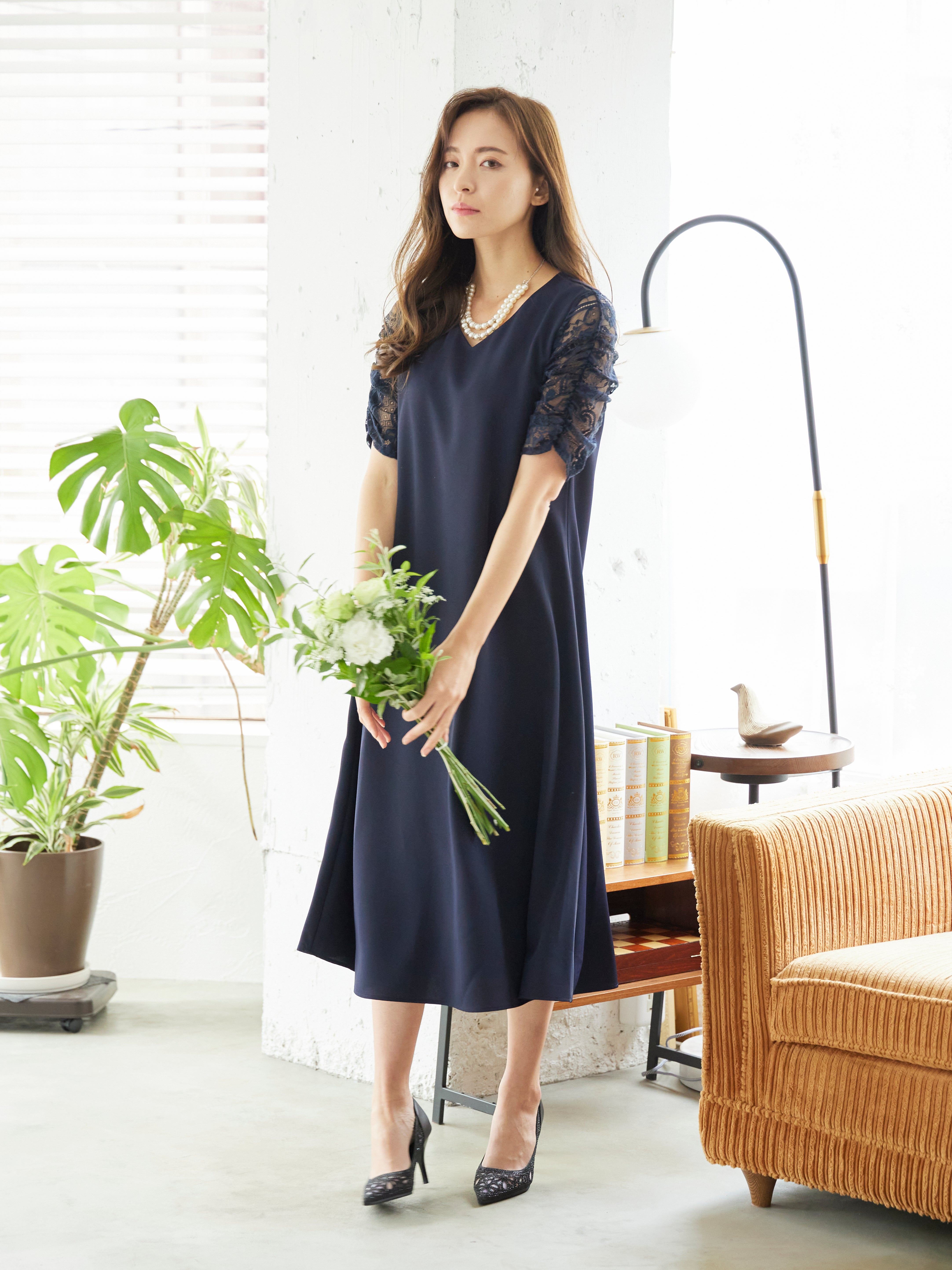 [レンタル] BELINDA DE CAPRIS Vネックギャザースリープ ワンピースドレス ネイビーの宅配レンタル - 5