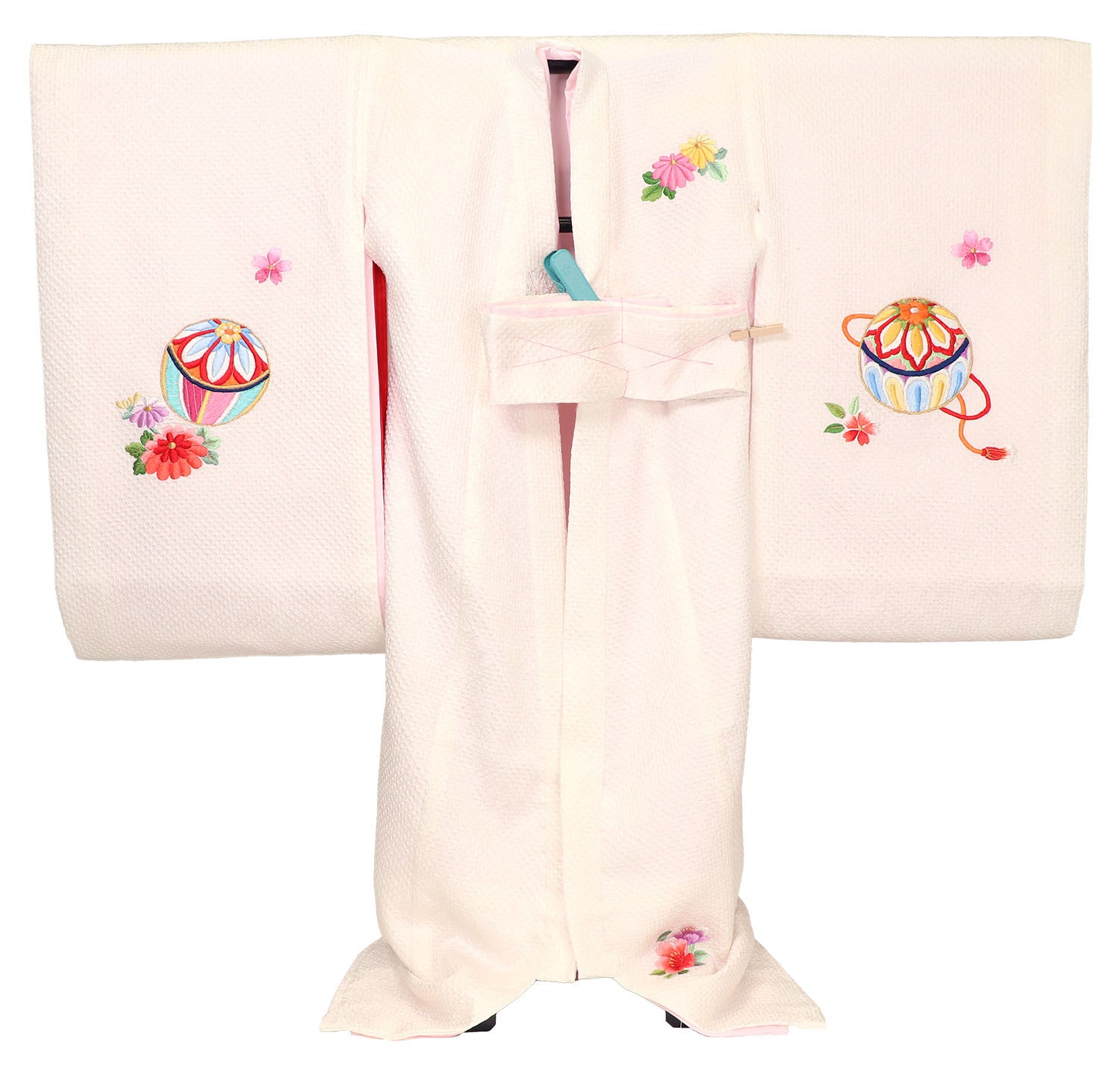 [レンタル] 女の子 お宮参り 産着 レンタル6点フルセット 正絹 彩り刺繍手毬 白色の総絞り風の宅配レンタル - 2