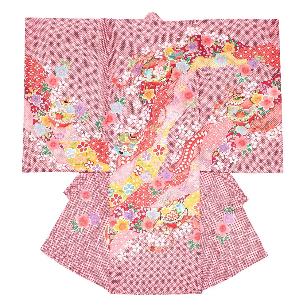 女の子 お宮参り 産着レンタル6点フルセット 正絹 疋田鹿 鞠