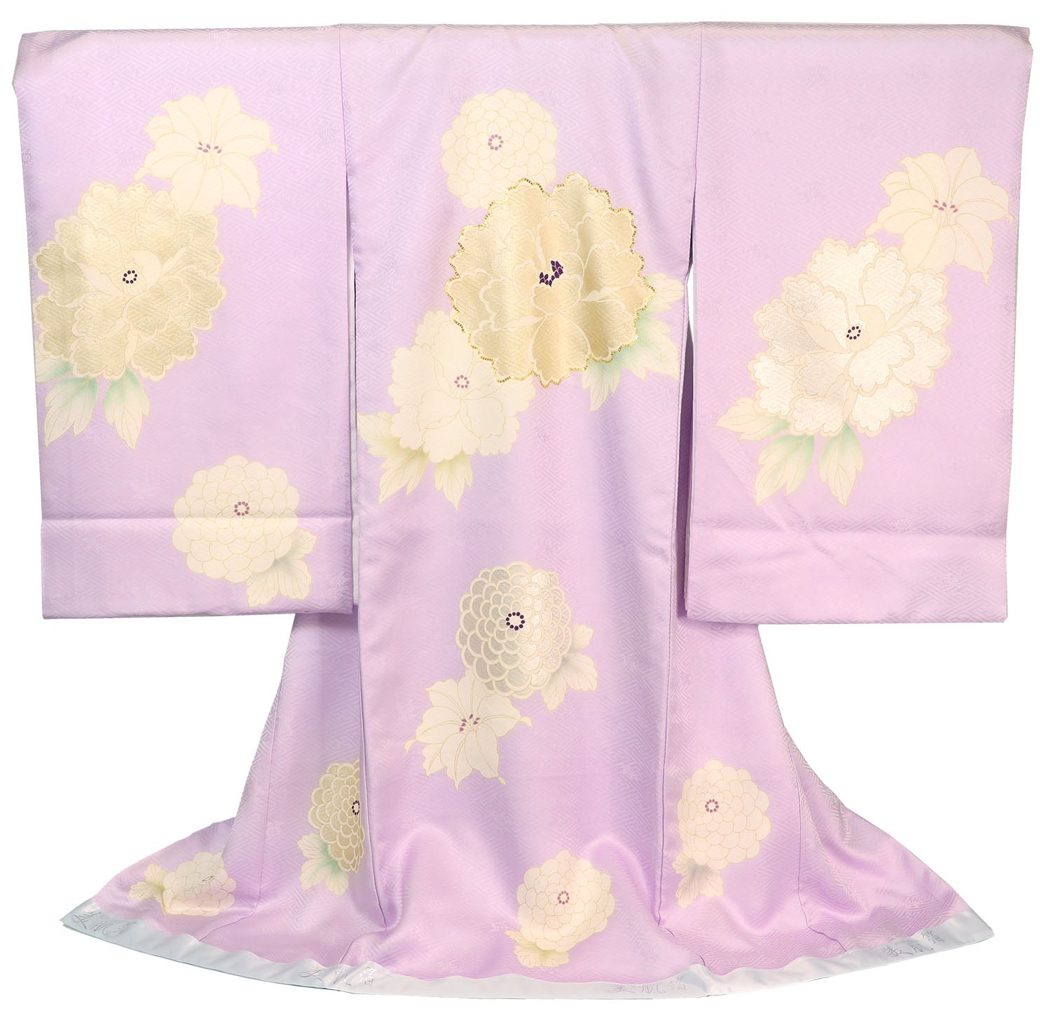 女の子 お宮参り 産着 吉澤織物 レンタル6点フルセット 正絹 クリーム色の牡丹に金駒刺繍 紗綾形の藤色