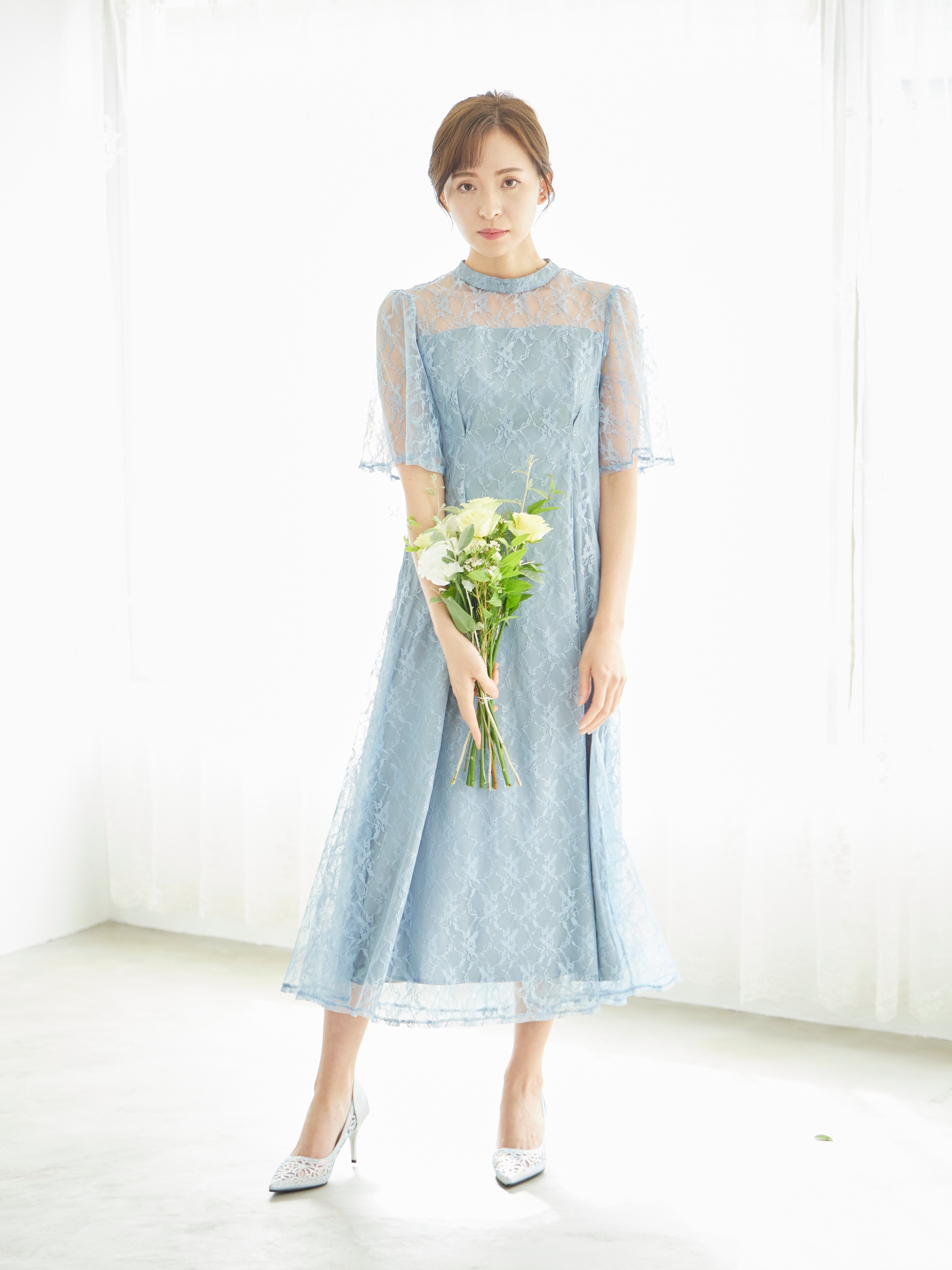 レンタル] BELINDA DE CAPRIS 総レースフレア袖 ハイネック ワンピース