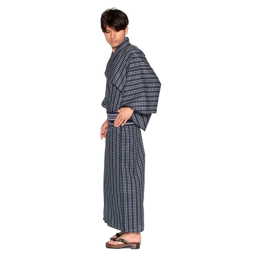 [レンタル] メンズ浴衣 フルセット 格子柄 身長目安170cm・175cm・180cm ブラック LLサイズ