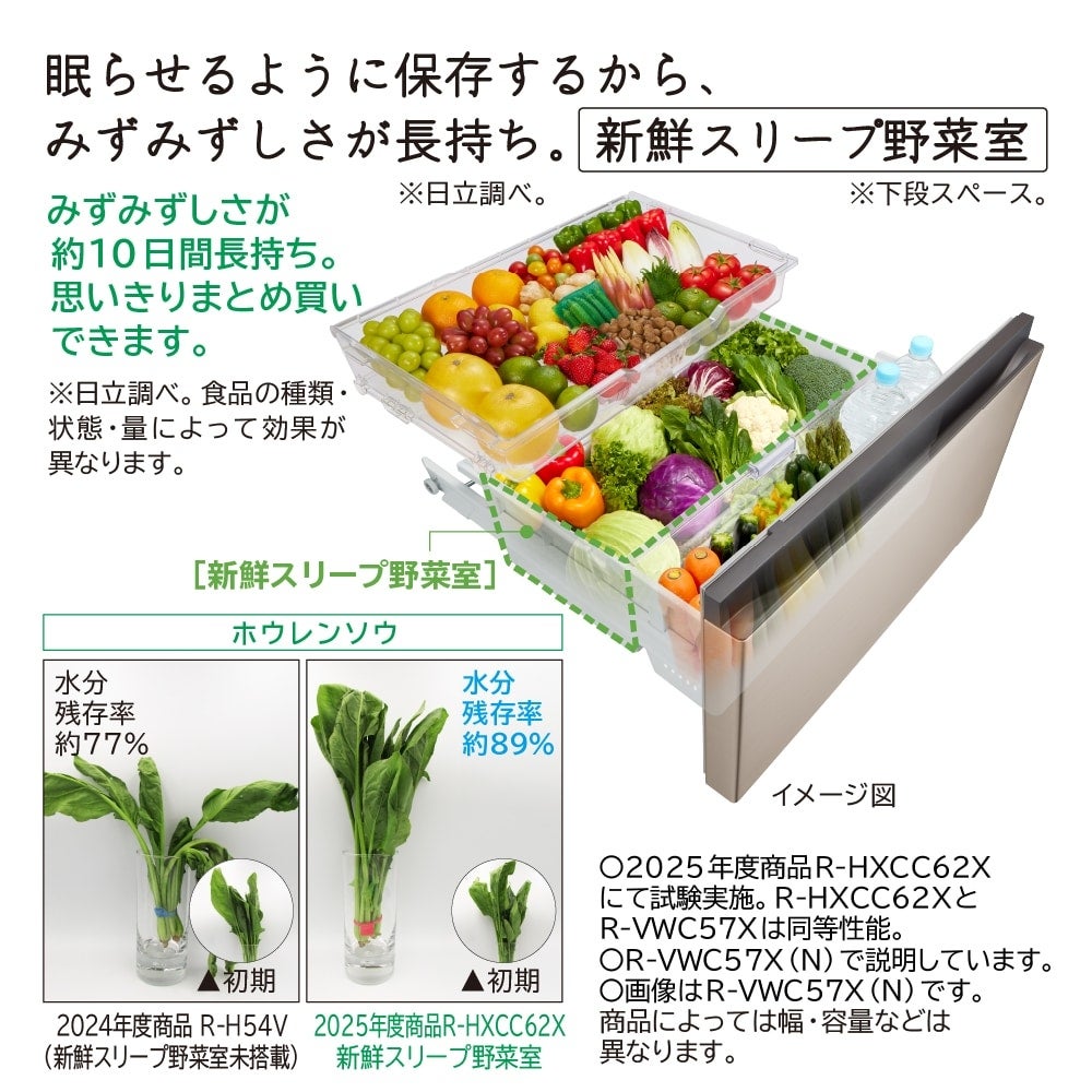 [レンタル] [570L][ファミリー向け][観音開き]日立 R-VWC57X まんなか野菜 冷凍冷蔵庫 ライトゴールド - 9