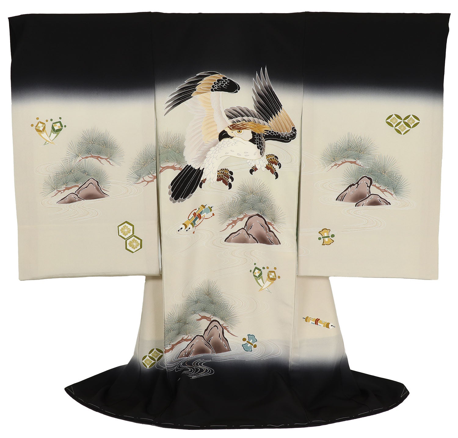 [手描友禅] 男の子 お宮参り 産着 レンタル6点フルセット 正絹 鷹に石庭 黒・クリーム色