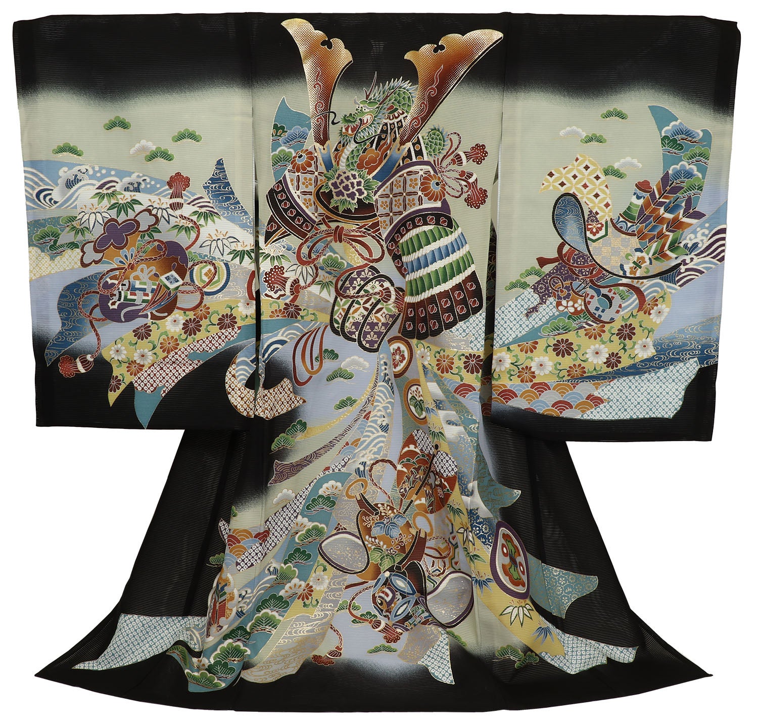 [レンタル] 男の子 お宮参り 産着 絽（夏用） レンタル6点フルセット 正絹 兜と束熨斗に軍配と鎧 黒色