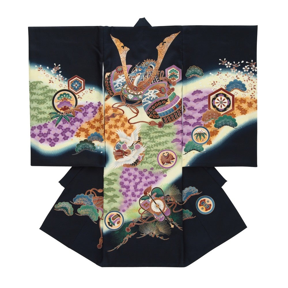 男の子 お宮参り 産着レンタル6点フルセット 交織 兜 軍配