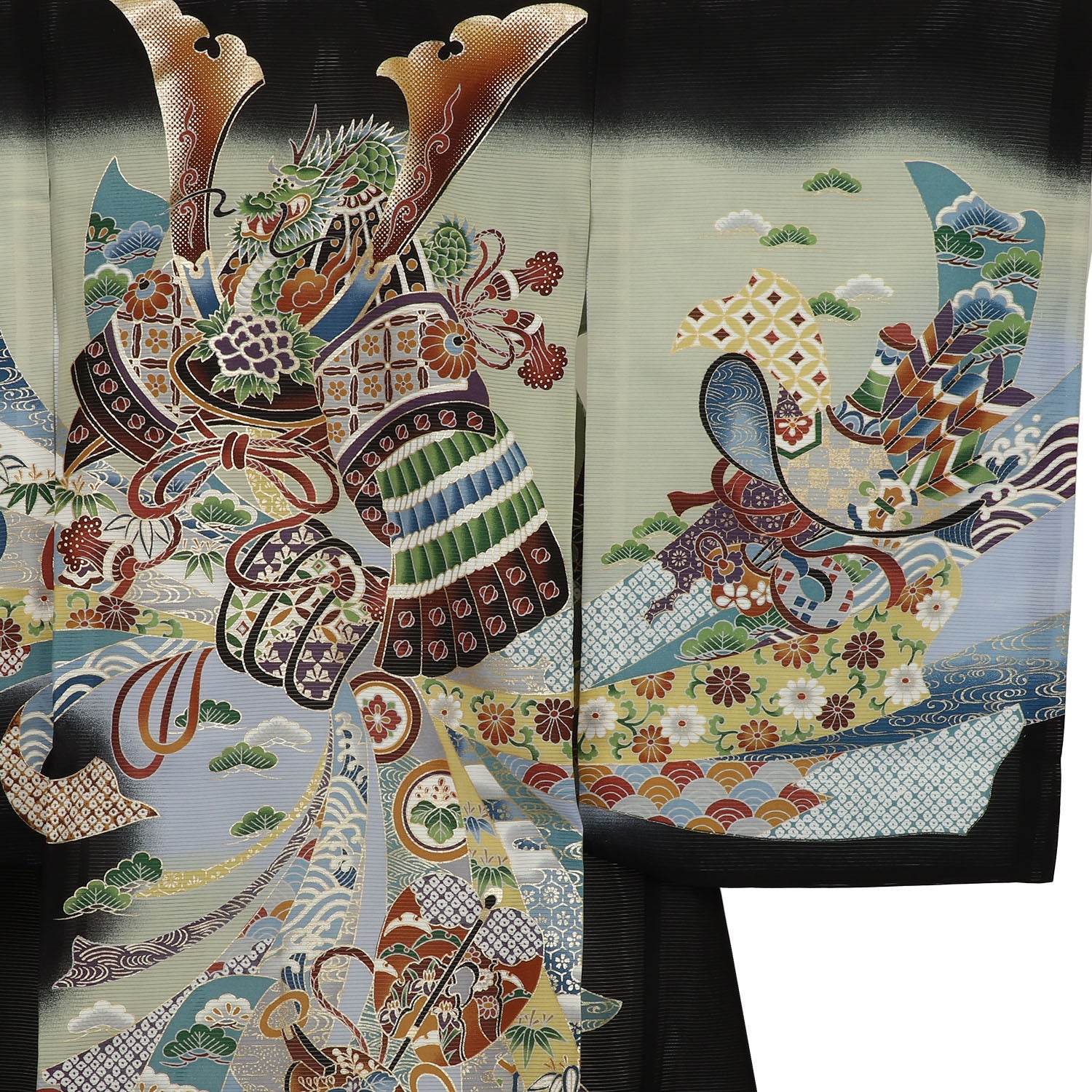 [レンタル] 男の子 お宮参り 産着 絽（夏用） レンタル6点フルセット 正絹 兜と束熨斗に軍配と鎧 黒色の宅配レンタル - 3