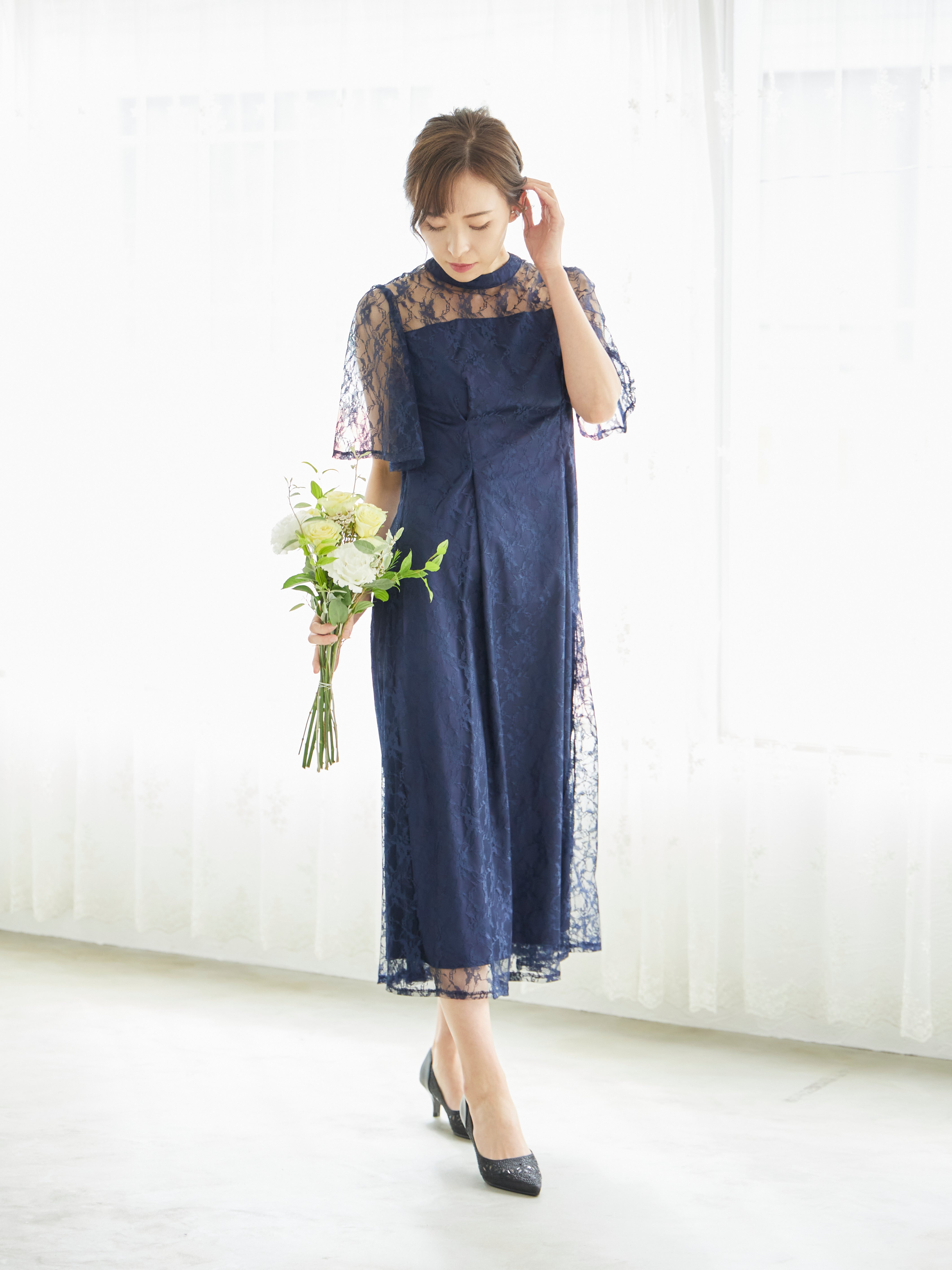 [レンタル] BELINDA DE CAPRIS 総レースフレア袖 ハイネック ワンピースドレス ネイビーの宅配レンタル - 7