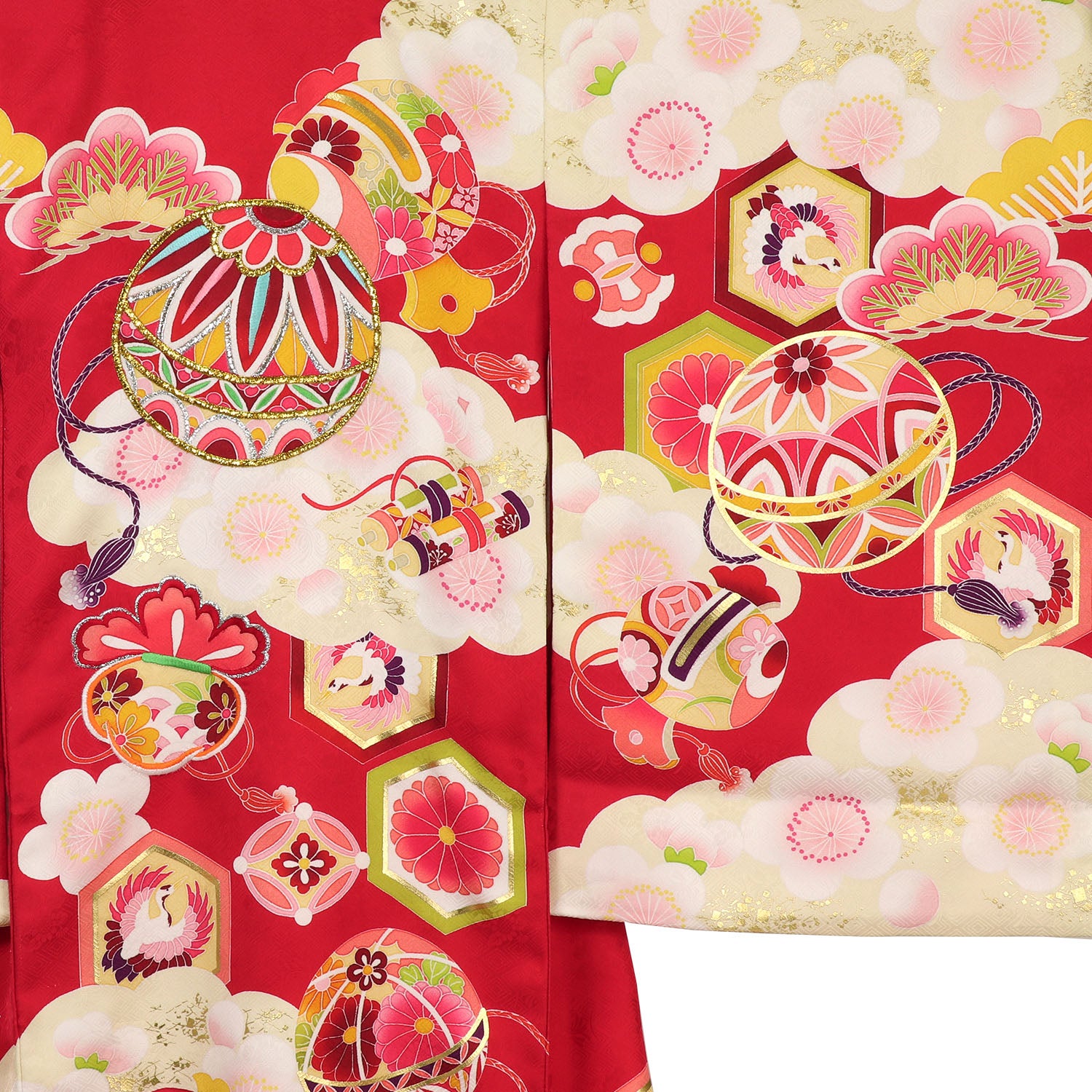 [レンタル] 女の子 お宮参り 産着 レンタル6点フルセット 正絹 鞠に打ち出の小槌 赤色の宅配レンタル - 3