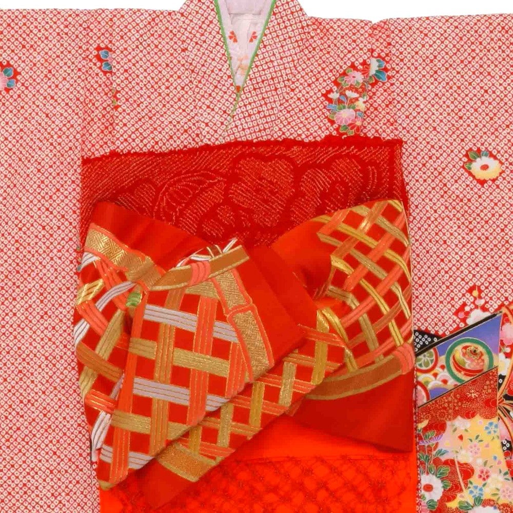 [レンタル] 七五三/節句 着物セット 7歳女の子 豪華帯 色彩豊か花々 レッド