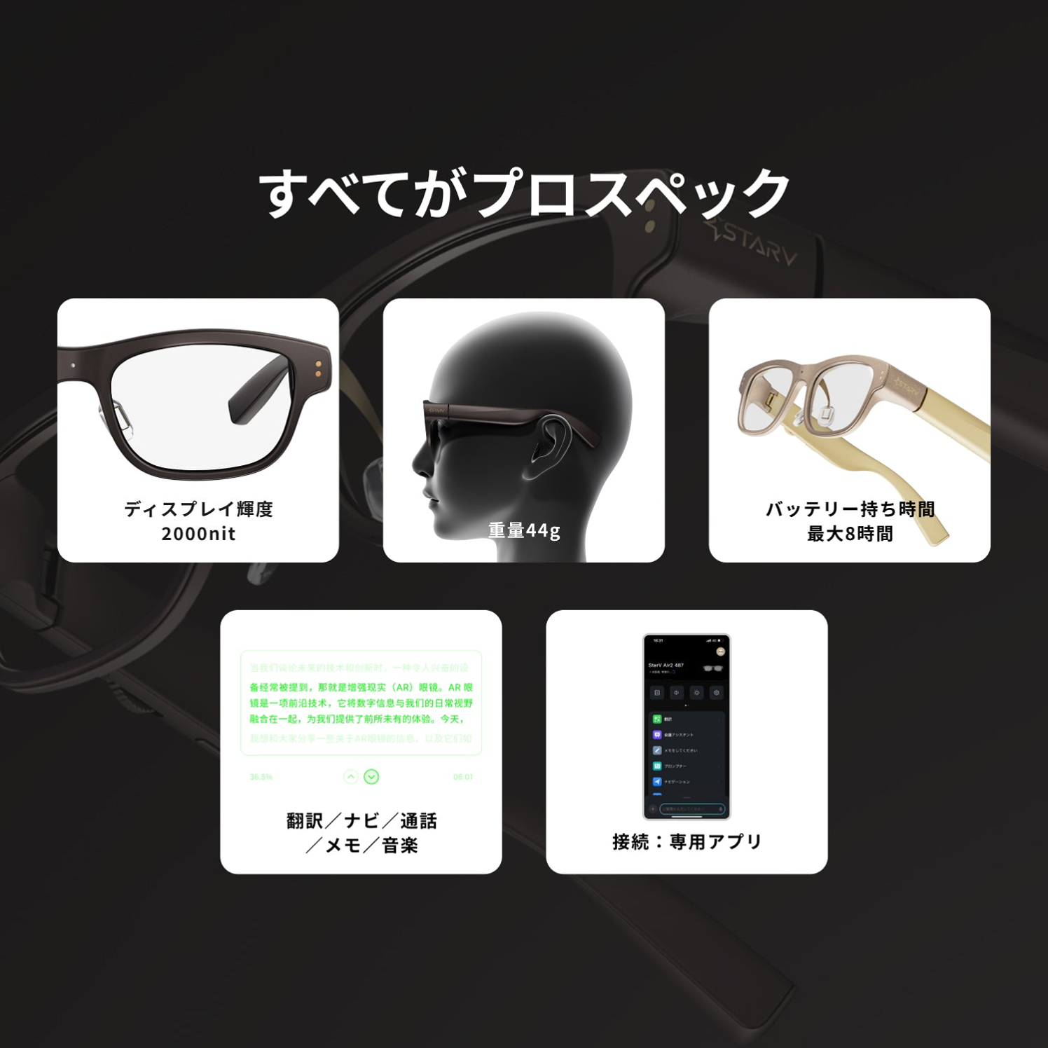 MEIZU StarV Air2 スマートグラス 主な仕様 ディスプレイ輝度2000nit・重量44g・バッテリー最大8時間 - 4