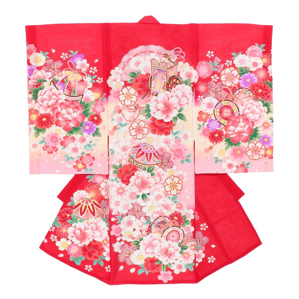 [レンタル] 女の子 お宮参り 産着・絽（夏用）レンタル6点フルセット 正絹 御所車 小鼓 レッド