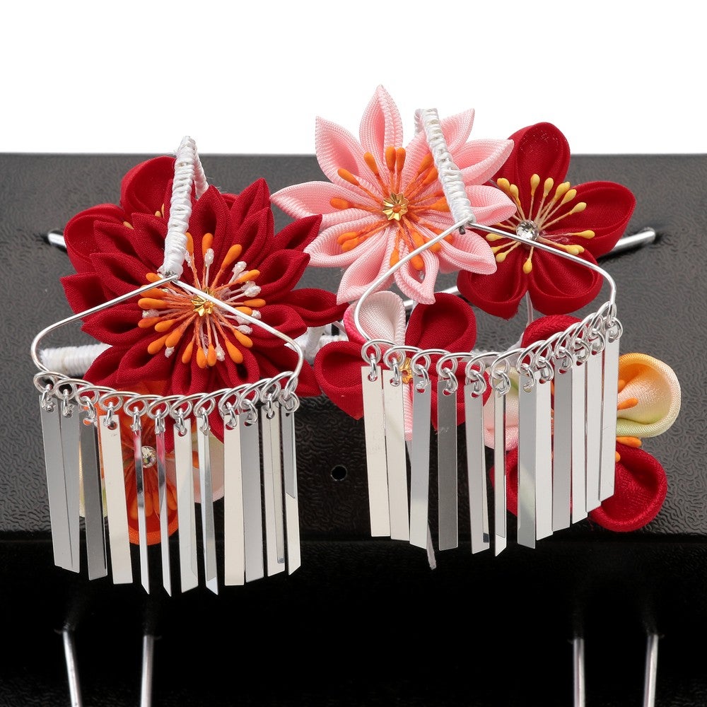 七五三/節句 和装髪飾り ちんころ かんざし 4点 勝山セット (レッド)