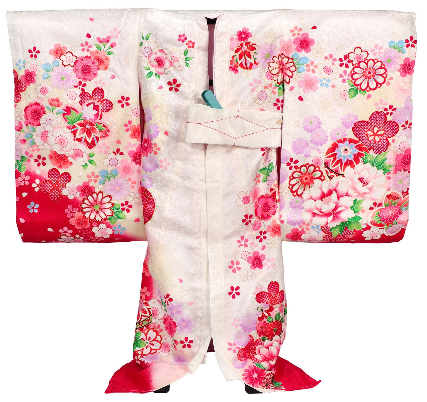 [レンタル] 女の子 お宮参り 産着 レンタル6点フルセット 正絹 鈴と牡丹の花々 白色に赤ぼかしの宅配レンタル - 2