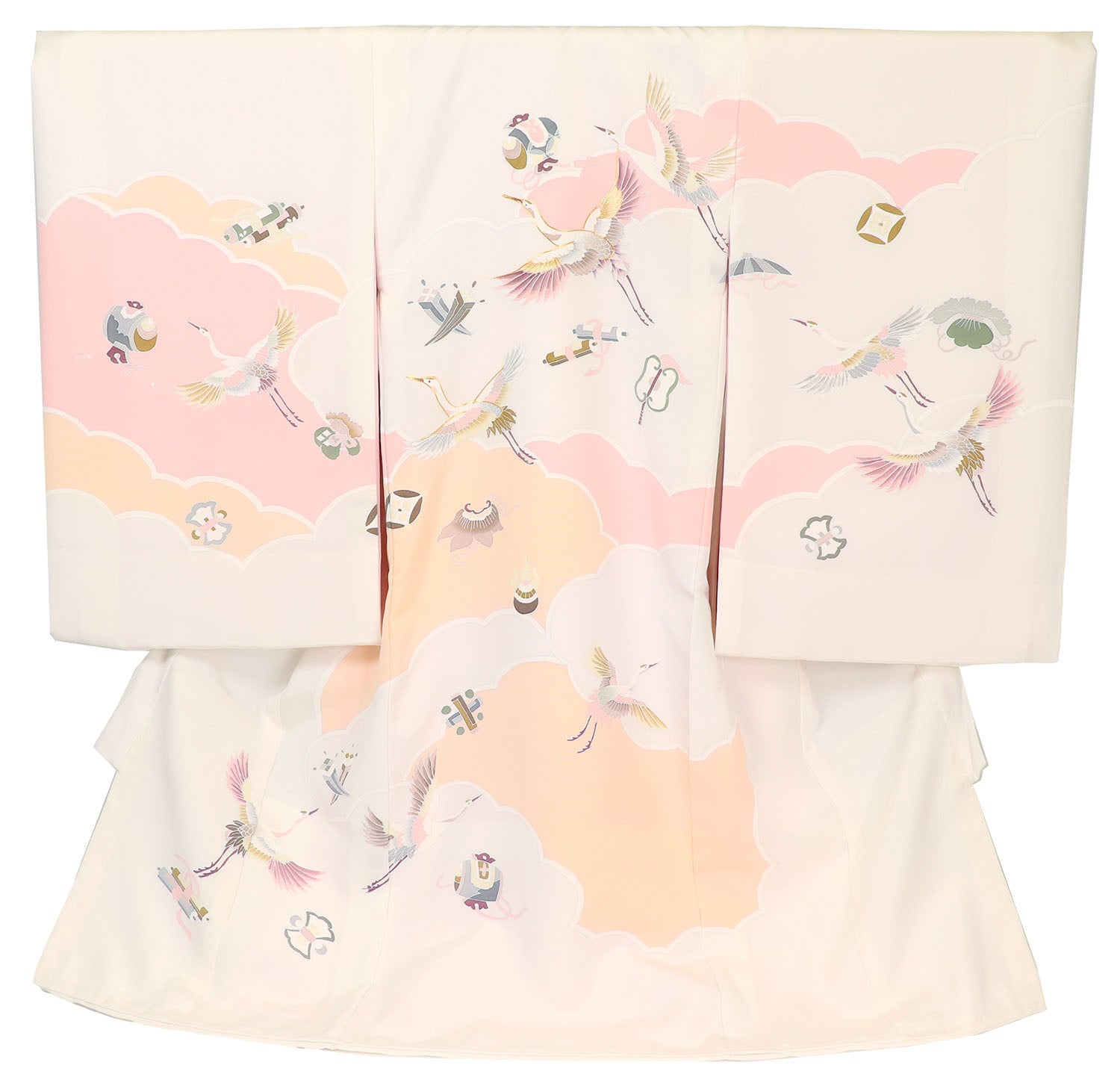 [レンタル] [手描友禅] 女の子 お宮参り 産着 手描友禅 レンタル6点フルセット 正絹 翔鶴に雲取り宝づくし 白色にクリームの宅配レンタル - 1