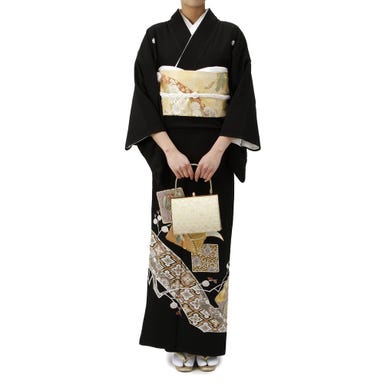 留袖セット スクエア柄 (長襦袢、帯、和装小物一式) ブラック Mサイズ