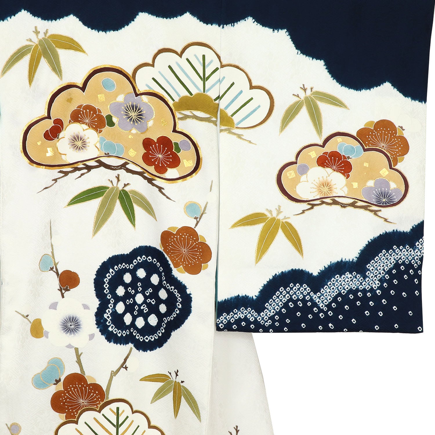 [レンタル] [手描友禅] 男の子 お宮参り 産着 手描友禅 本絞り レンタル6点フルセット 正絹 金駒刺繍の松竹梅 紗綾形の紺と白色の宅配レンタル - 3