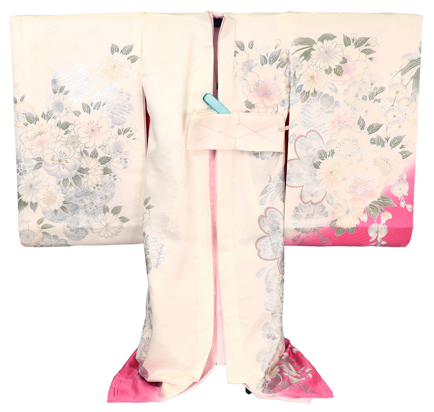 [レンタル] [手描友禅] 女の子 お宮参り 産着 手描友禅 レンタル6点フルセット 正絹 金駒刺繍の鞠に花づくし 紗綾形風の白色に濃いピンクぼかしの宅配レンタル - 2