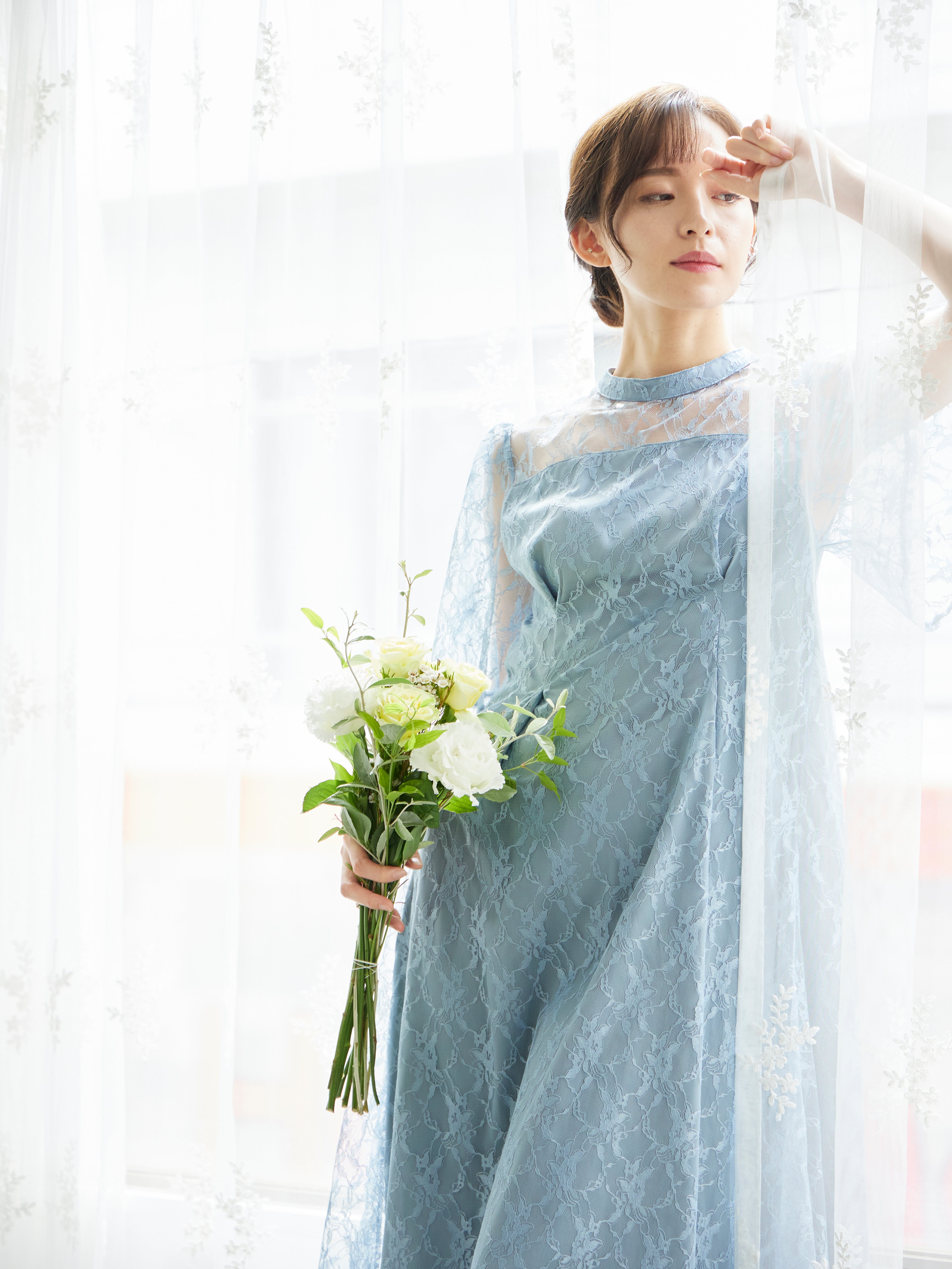 [レンタル] BELINDA DE CAPRIS 総レースフレア袖 ハイネック ワンピースドレス サックスブルーの宅配レンタル - 18