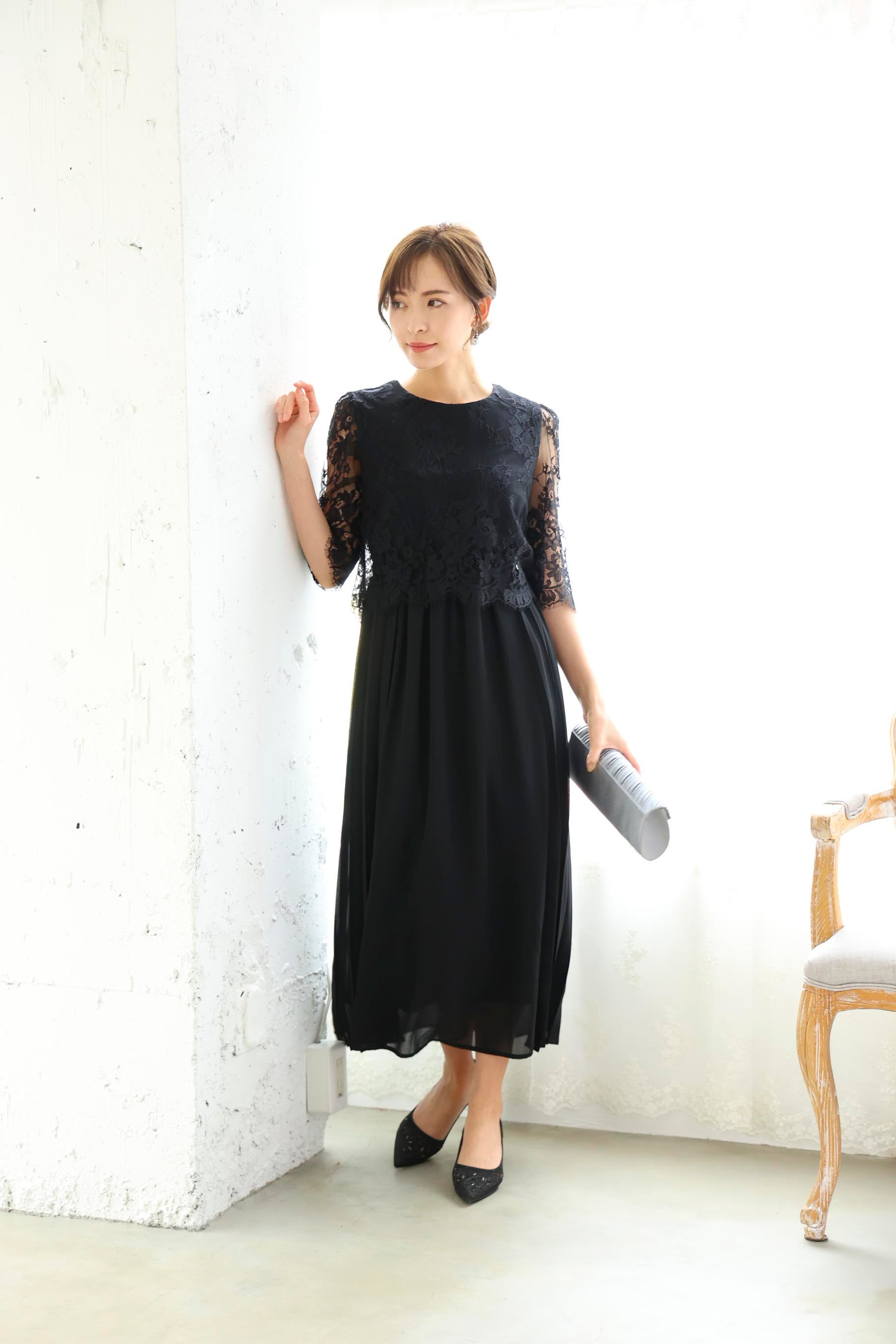 [レンタル] BELINDA DE CAPRIS サイドプリーツ レーススリーブ ワンピースドレス ブラックの宅配レンタル - 5