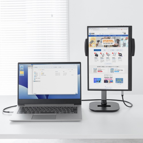 サンワサプライ DP-08 タッチパネル搭載モバイルモニター（14インチ） アームスタンド縦置き＋ノートPC - 32