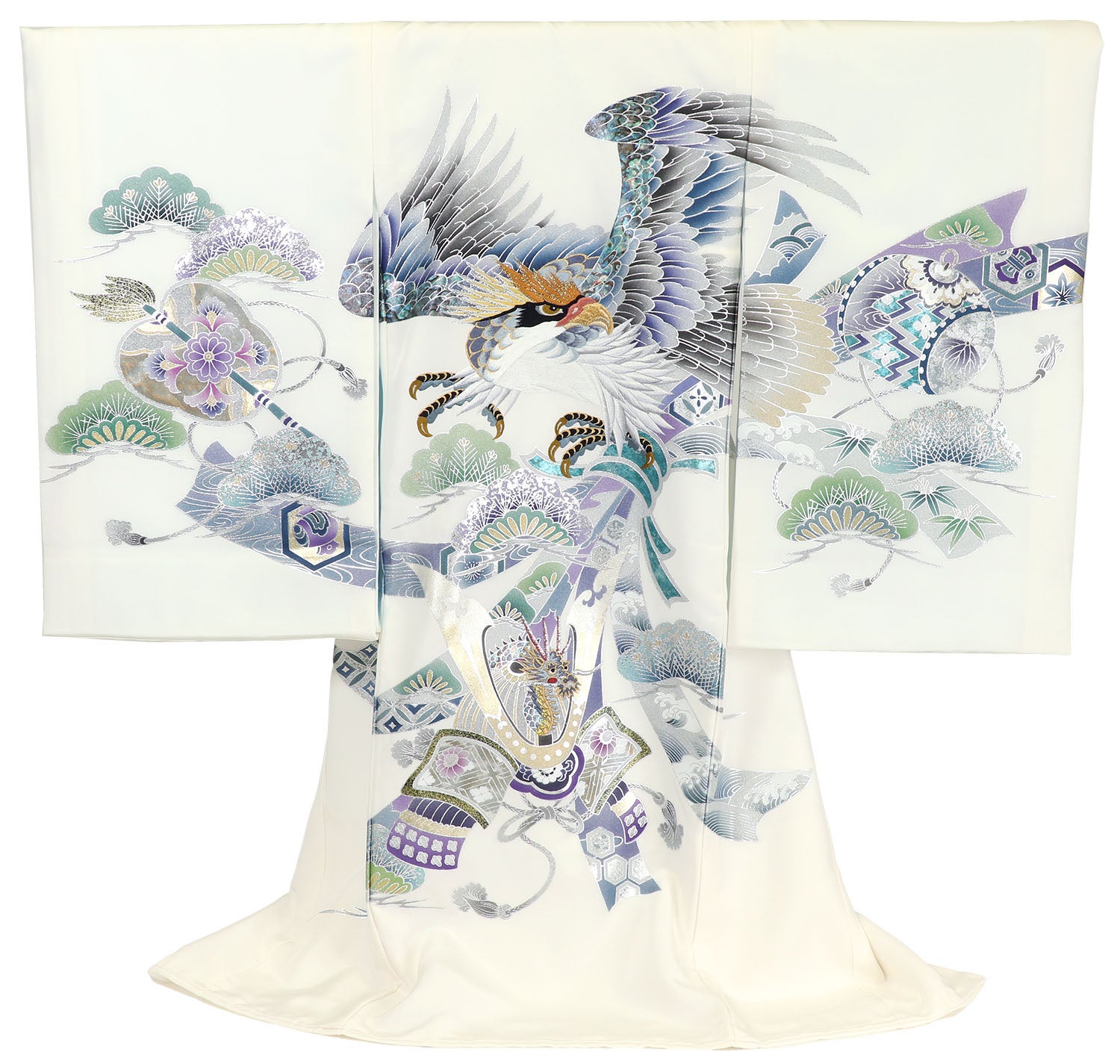 男の子 お宮参り 産着 レンタル6点フルセット 正絹 銀縁の鷹に兜と束熨斗 白色