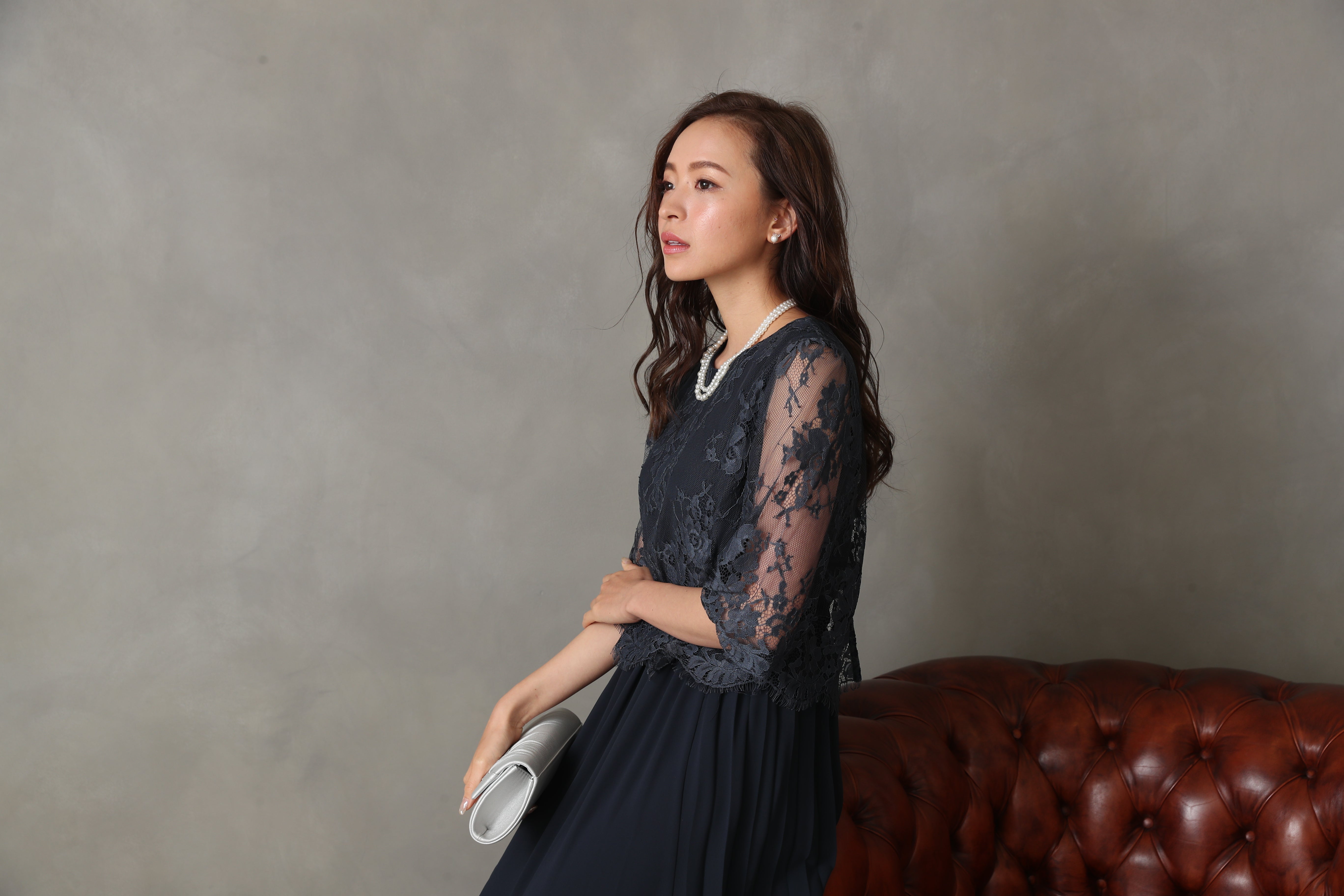 [レンタル] BELINDA DE CAPRIS サイドプリーツ レーススリーブ ワンピースドレス ネイビーの宅配レンタル - 43