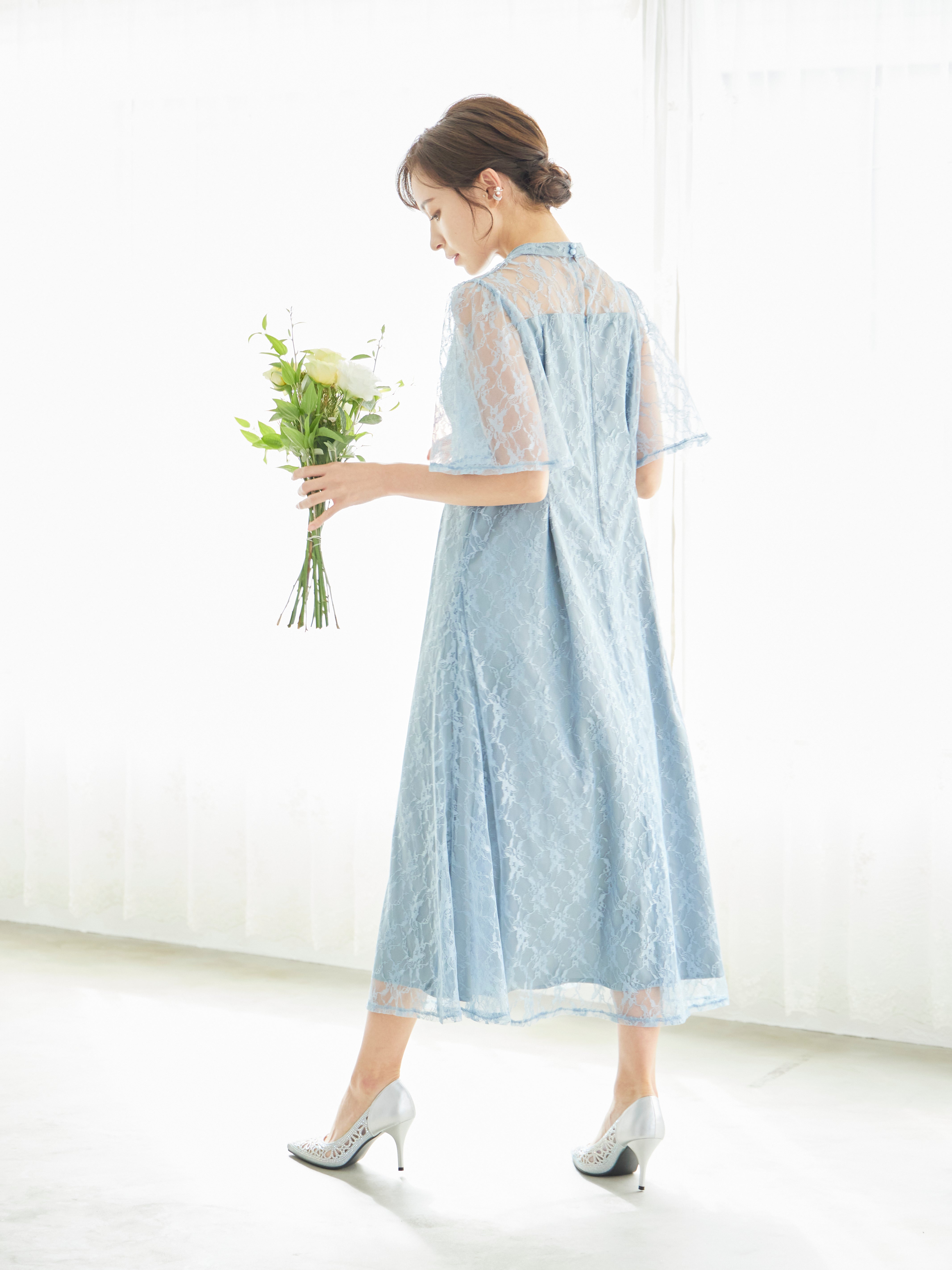 レンタル] BELINDA DE CAPRIS 総レースフレア袖 ハイネック ワンピース