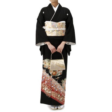留袖セット 菊梅柄 (長襦袢、帯、和装小物一式) ブラック Lサイズ