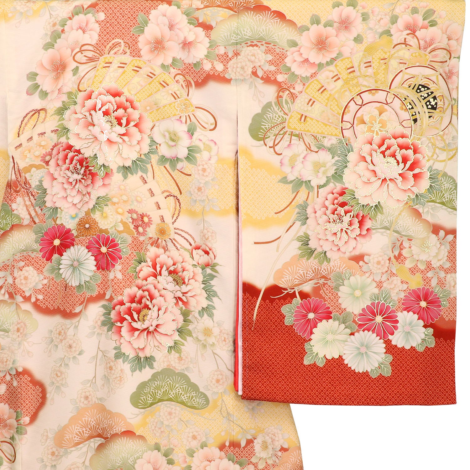 [レンタル] 女の子 お宮参り 産着 京都丸紅 / 華徒然 レンタル6点フルセット 正絹 牡丹と檜扇と貝桶 クリーム色の宅配レンタル - 3