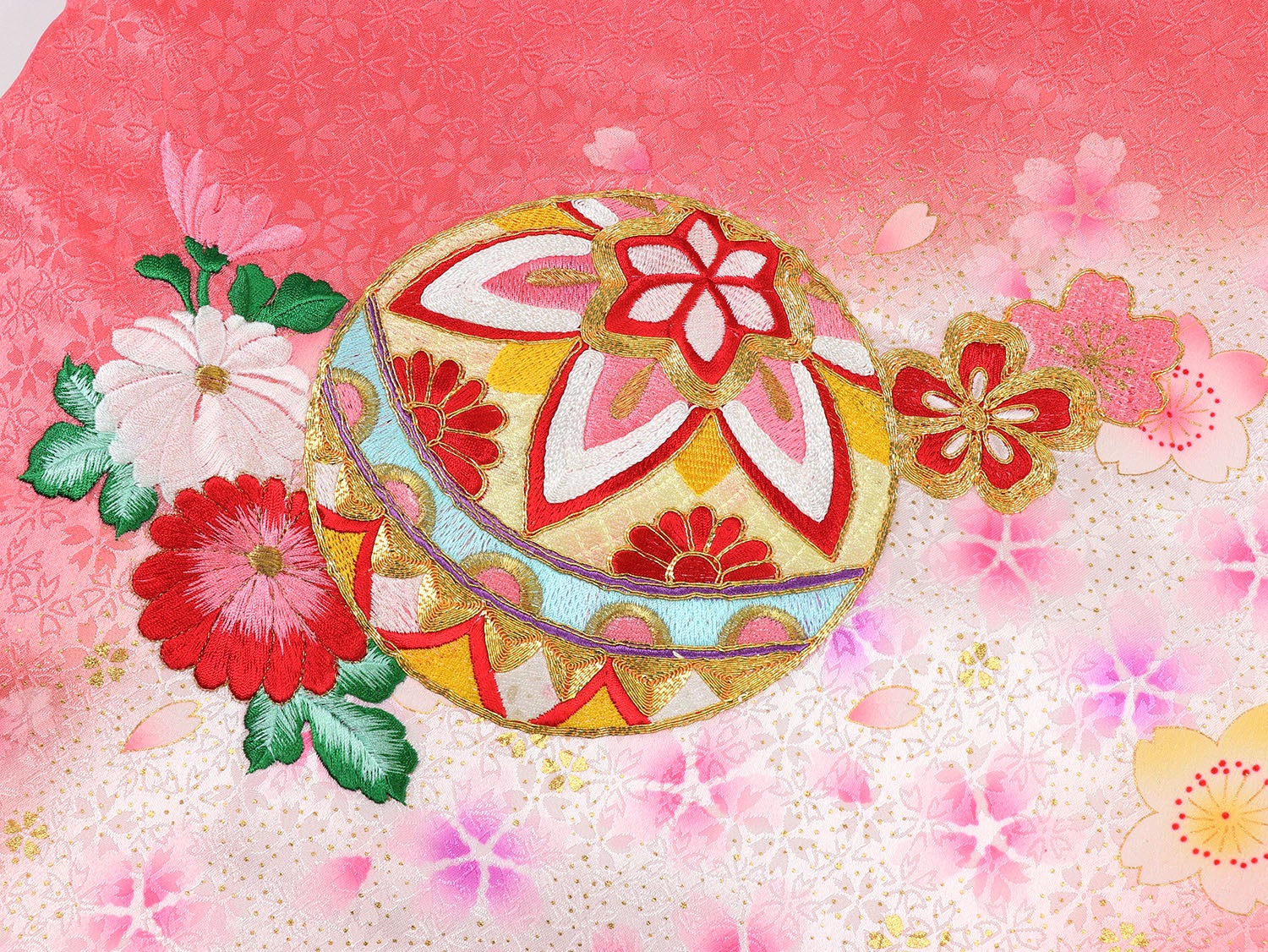 [レンタル] 女の子 お宮参り 産着 レンタル6点フルセット 正絹 刺繍の鞠に桜づくし ピンク色の宅配レンタル - 4